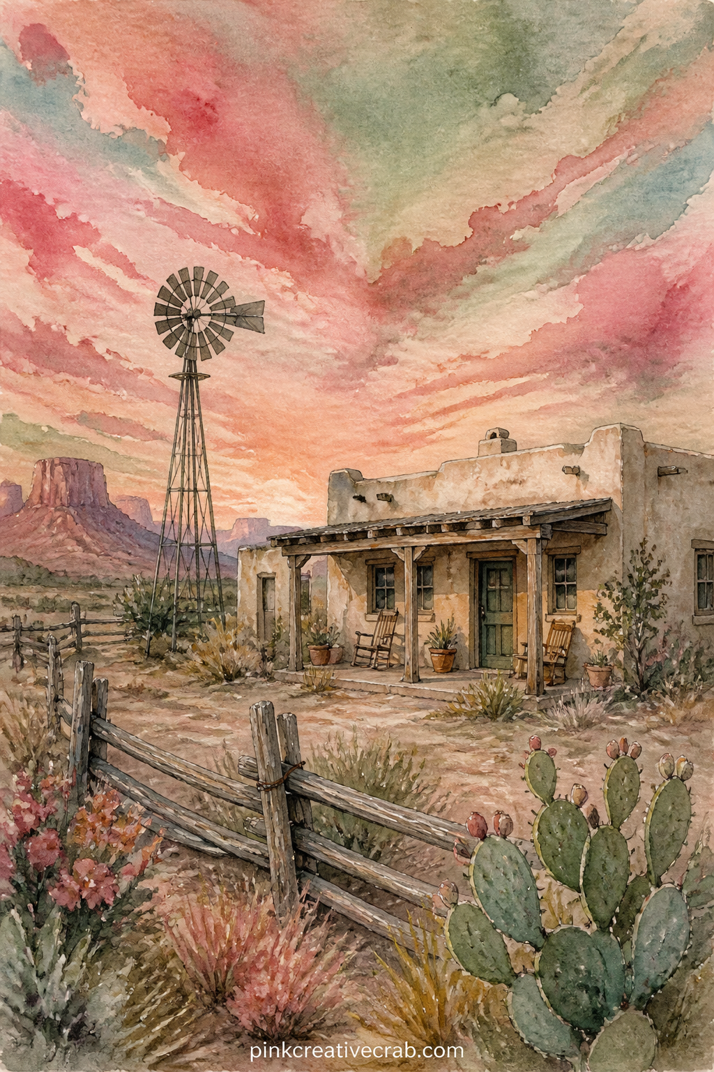 Ranch House Under Desert Sky printable page — A low adobe ranch house sits under a wide painted sky streaked with the last of the day's color, with a windmill