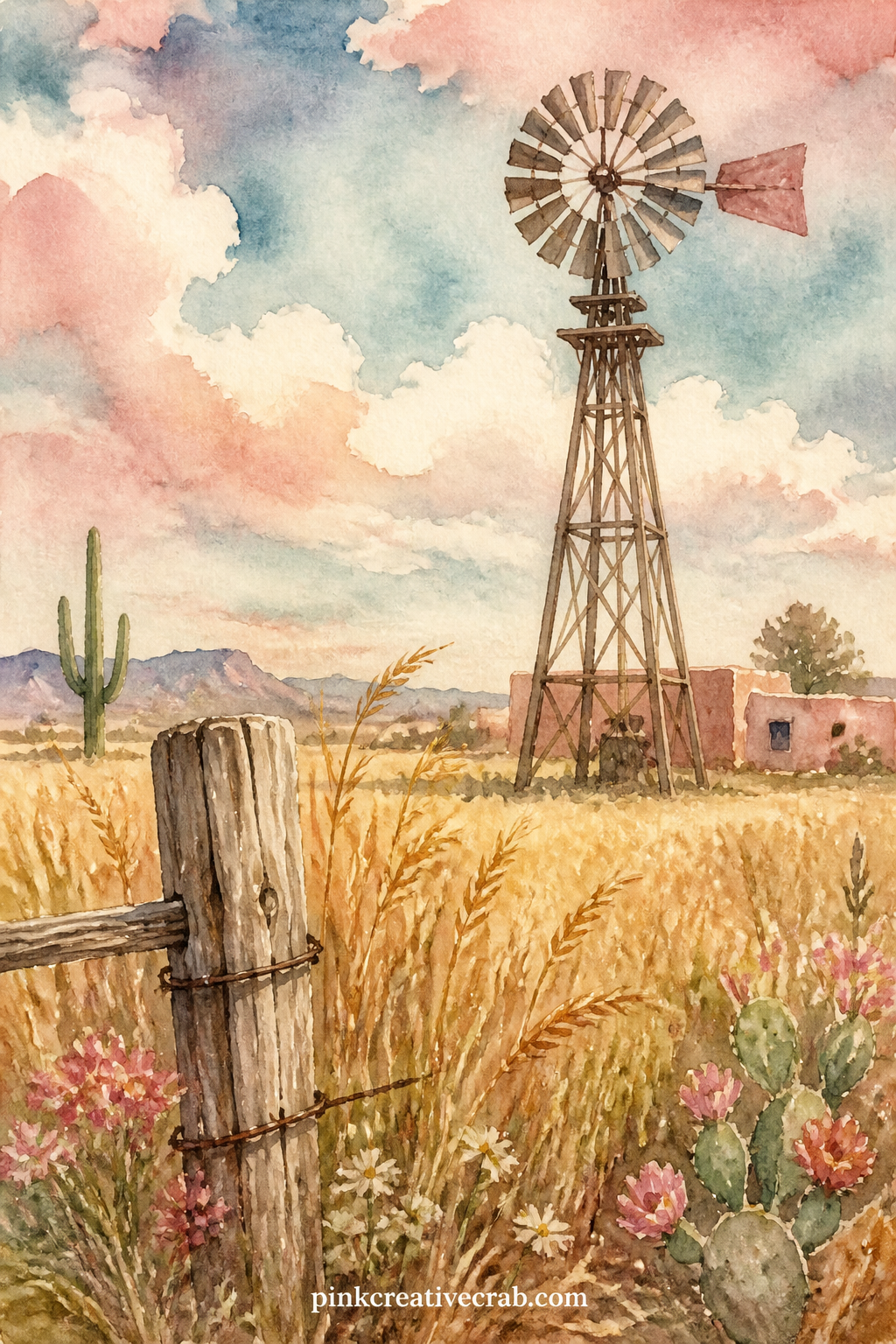 Windmill in the Wheat printable page — Pair this page with the Bandana and Cactus Pattern background by using the pattern as a facing page, so the busy print