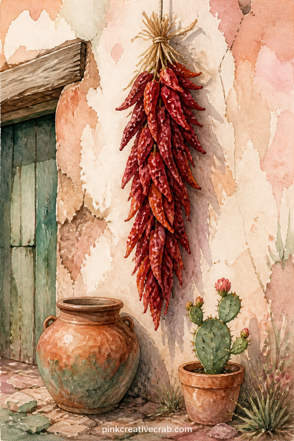 Adobe Wall and Chili Ristra printable page — The usual mistake with a close still life page like this one is painting the wall so flat that the ristra and the