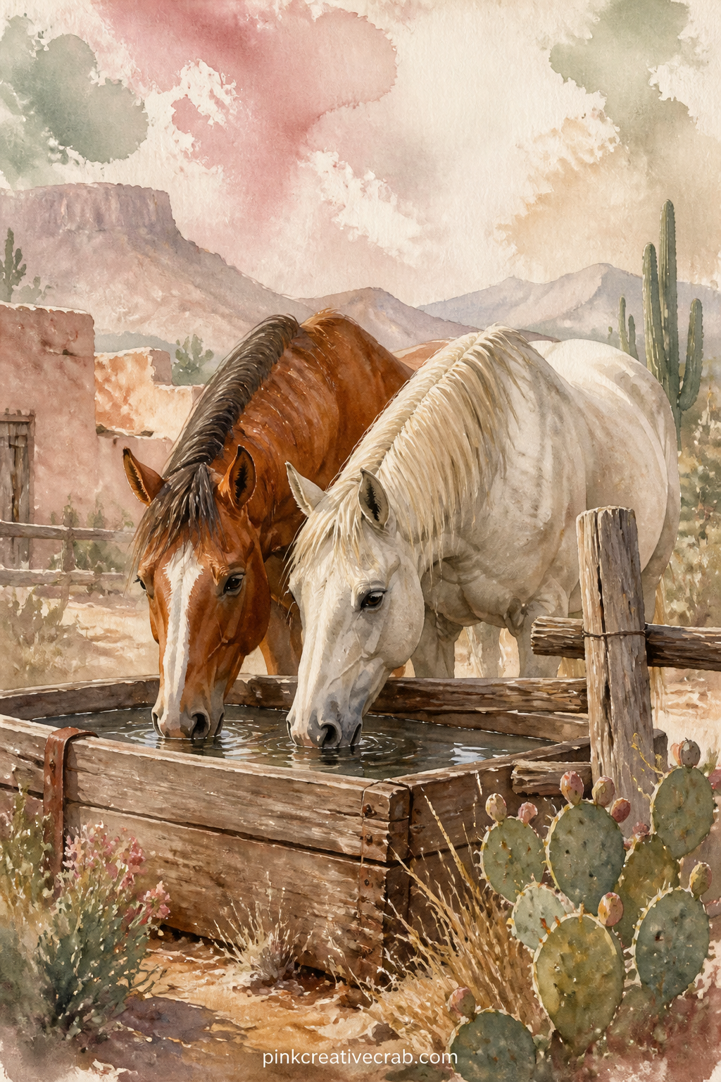 Two Horses at a Water Trough printable page — Glue in a small photo of your own pet or a horse you have ridden right over the open patch of ground in the