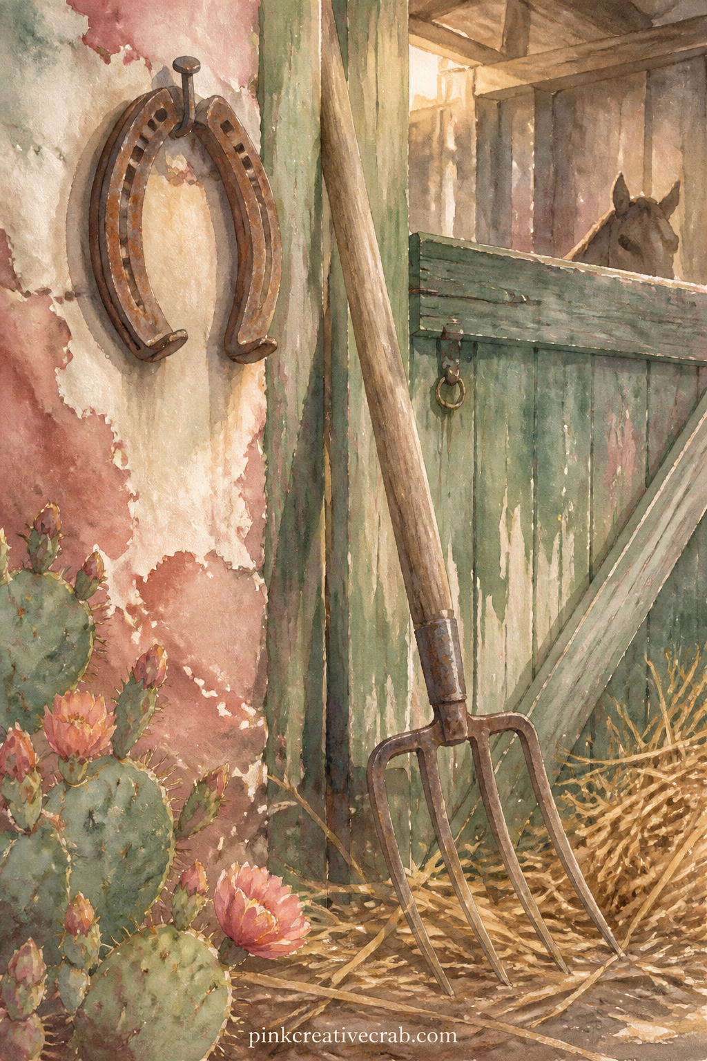 Horseshoe and Hay Fork printable page — This page suits a gift journal made for someone who grew up around horses or still keeps them, since a horseshoe and a