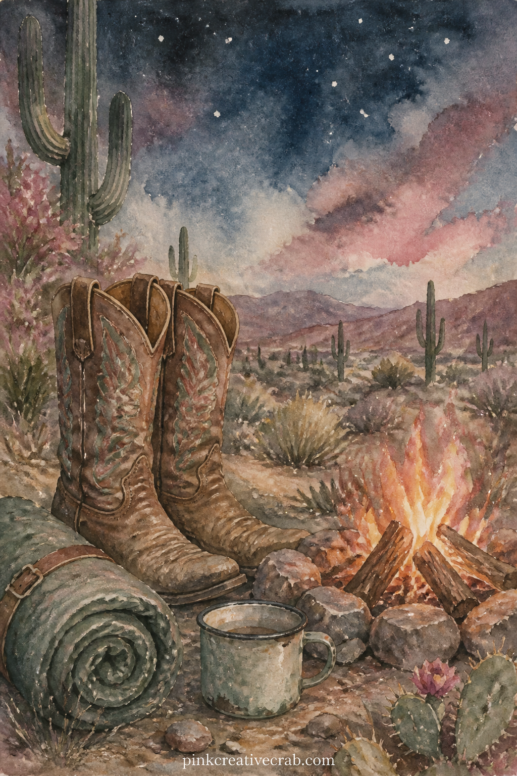 Cowboy Boots by the Campfire printable page — Tea stain the edges of this page before gluing it in, since a worn border suits a pair of dusty boots warming by