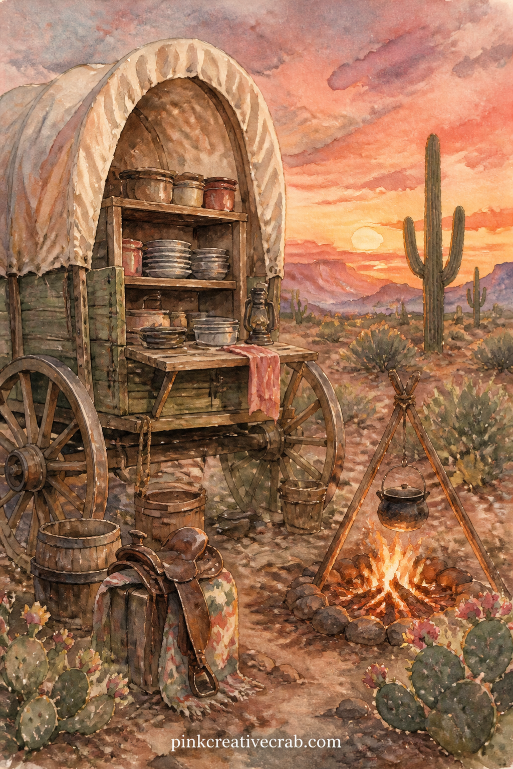 Chuckwagon at Dusk printable page — Write a trail camp menu on this page, the kind a cook might have served from a chuckwagon: beans, cornbread, coffee and