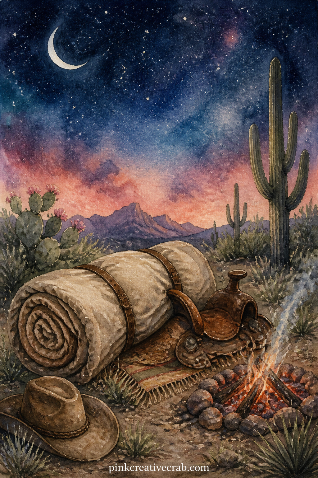 Bedroll Under the Stars printable page — A rolled bedroll and a saddle used as a pillow sit under a dark sky scattered with stars, with a low smoldering fire