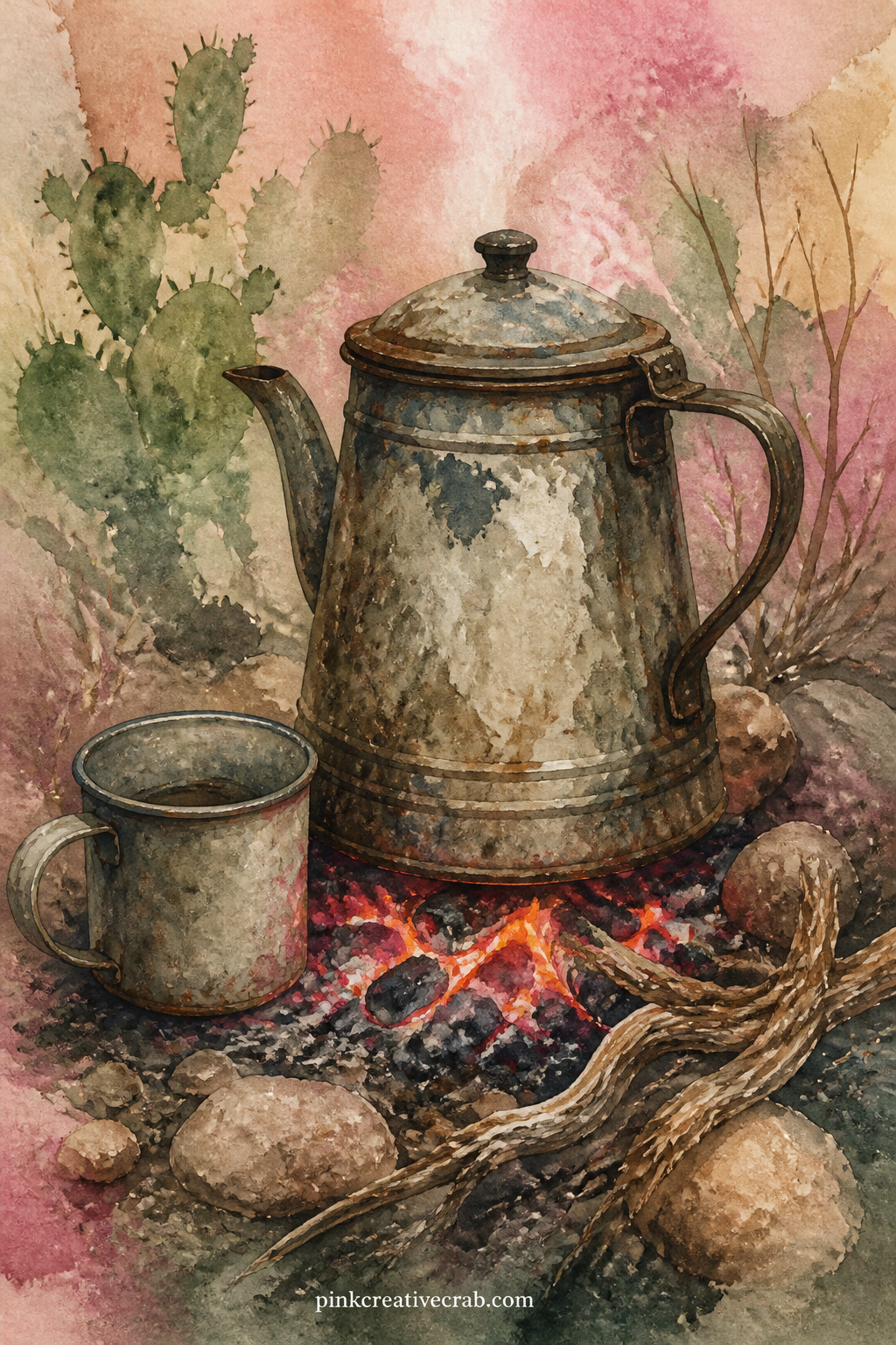 Tin Coffee Pot on Embers printable page — The usual mistake here is painting the embers too bright, which flattens the rest of the page, so keep the glow close