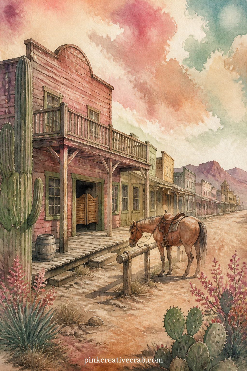 Dusty Main Street and Saloon printable page — Place this page across from the Horse at the Wooden Fence page in a spread, so the quiet open range on one side