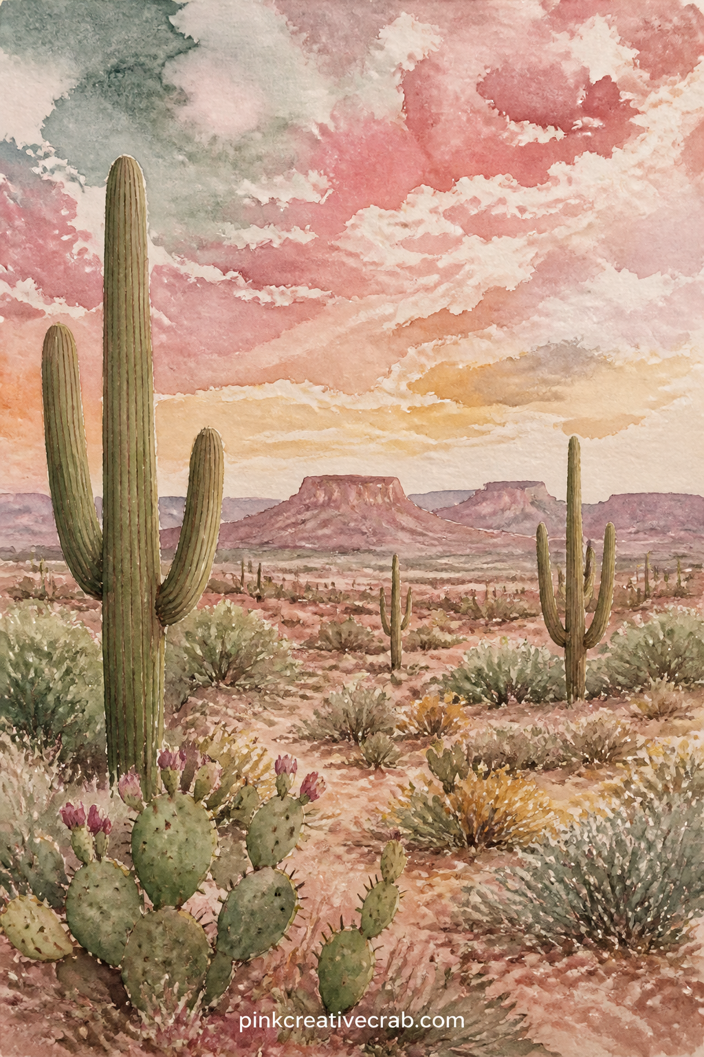 Desert Cactus and Mesa View printable page — Saguaro cacti stand against a wide layered sky of warm color, with smaller prickly pear and scrubby brush