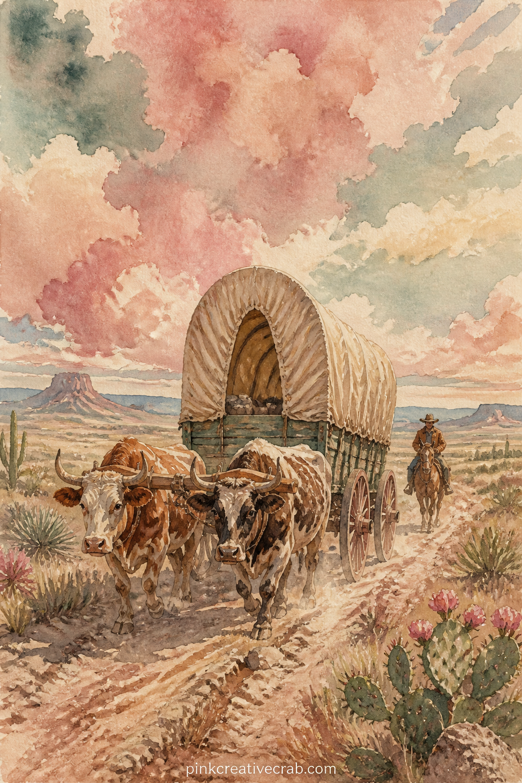 Covered Wagon on the Trail printable page — A covered wagon rolls along a dusty trail with a pair of oxen pulling it and a lone rider following behind, the