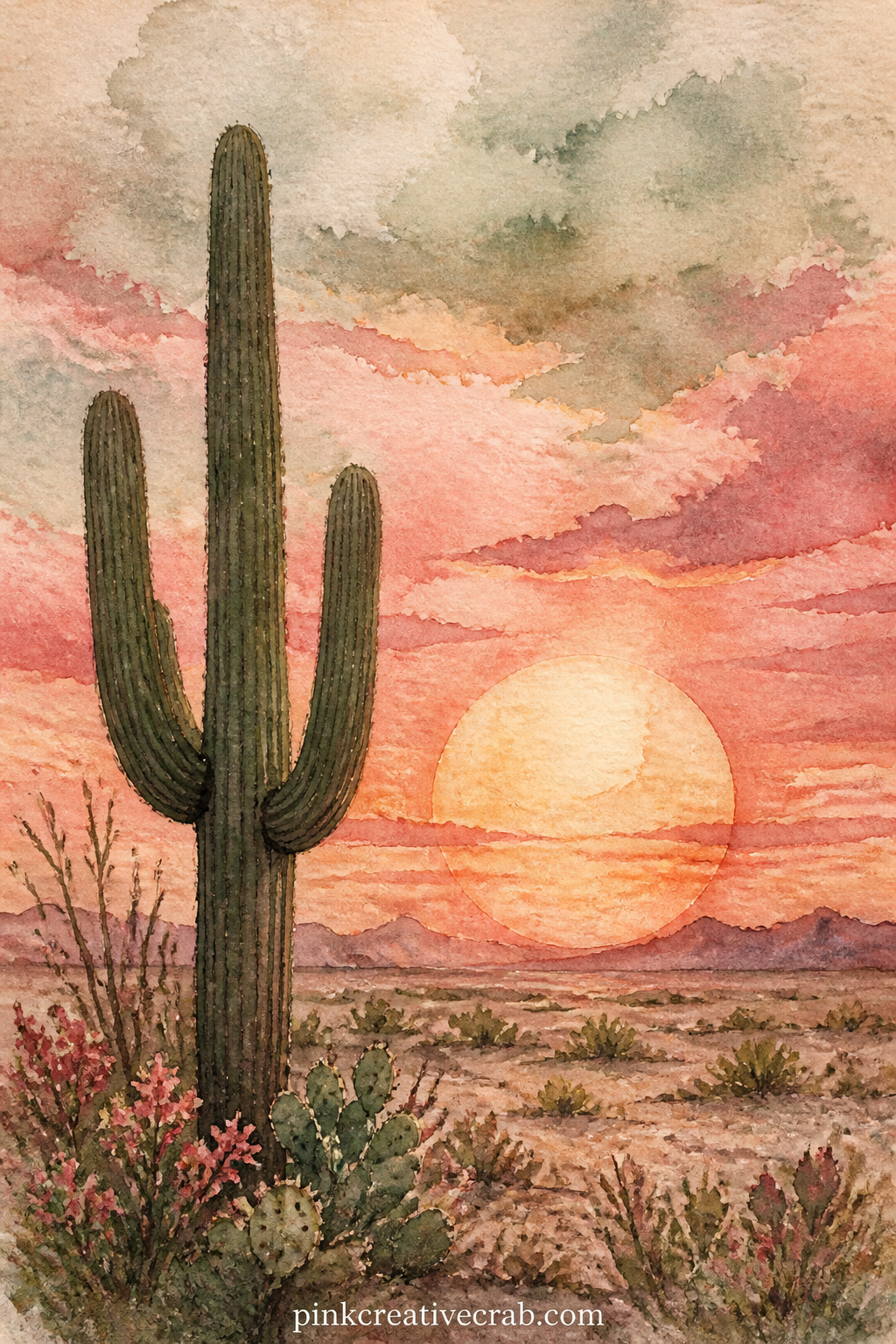 Lone Cactus and Setting Sun printable page — Glue a torn strip of brown paper along the bottom edge of this page before pasting it in, so the quiet horizon