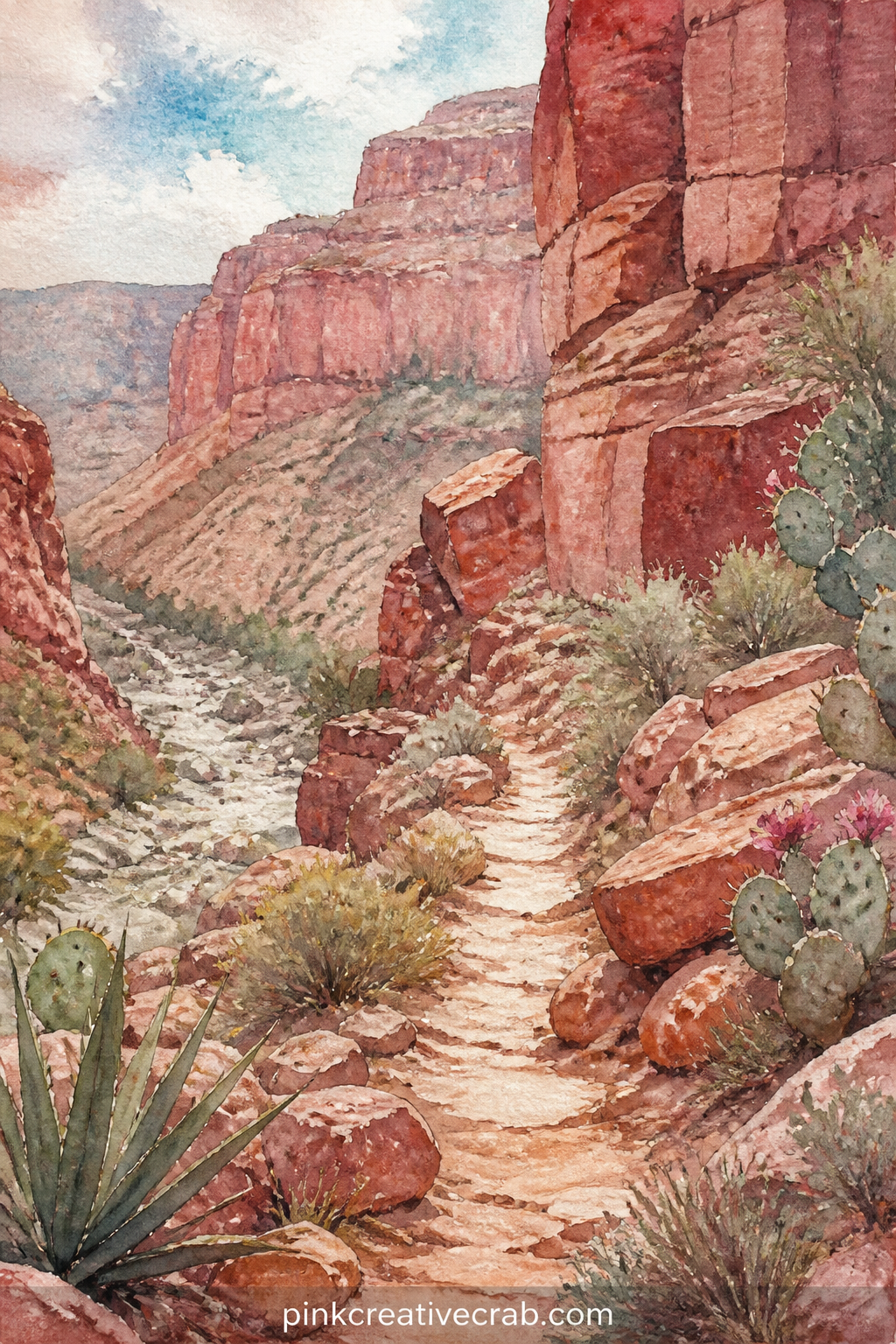 Canyon Trail and Red Rock printable page — A narrow trail winds between tall red rock formations, with a few scattered boulders and a thin line of scrubby
