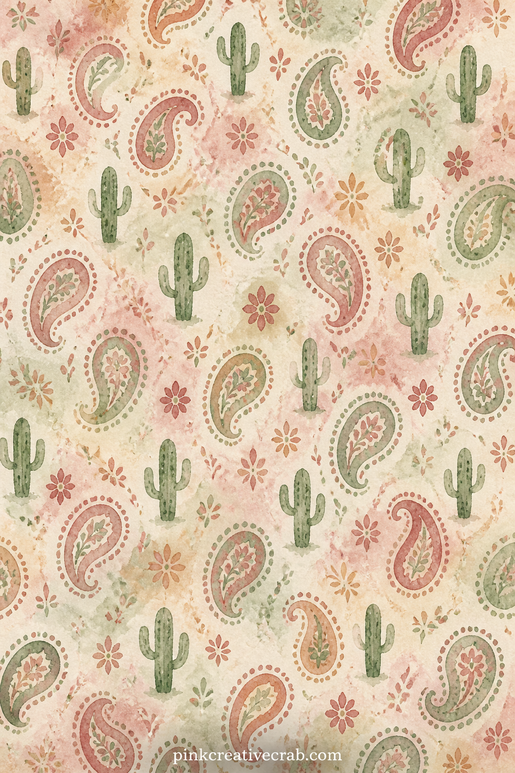 Bandana and Cactus Pattern printable page — Small bandana motifs alternate with tiny cactus silhouettes across this page, good as a lining behind a torn