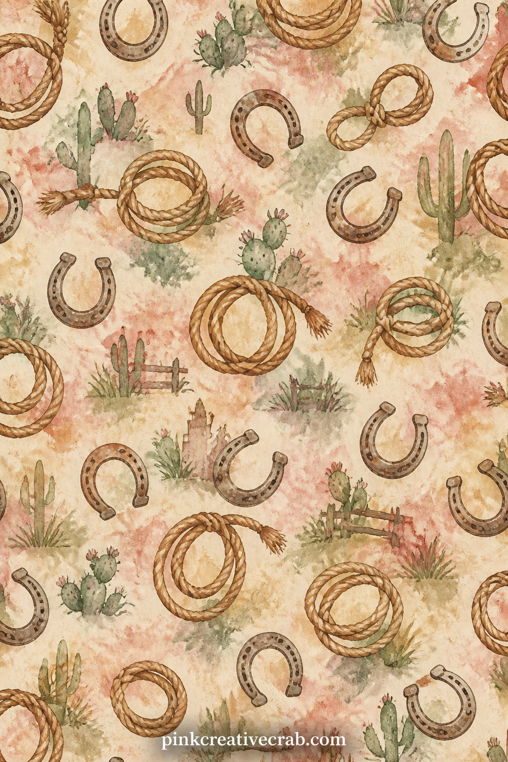 Horseshoe and Rope Pattern printable page — Horseshoes and loops of coiled rope repeat edge to edge, ready to sit behind a photo of a ranch visit, line the