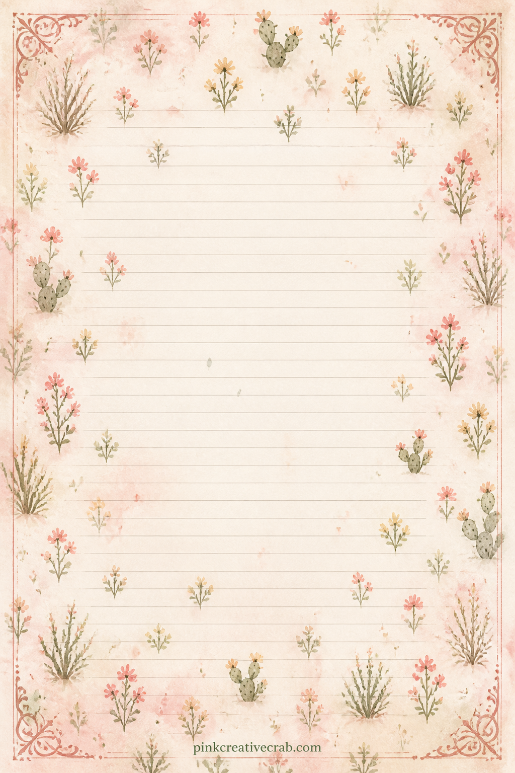 Desert Wildflower Scatter printable page — Small wildflowers and sprigs of desert brush scatter loosely across the page, good behind a pressed flower photo, as