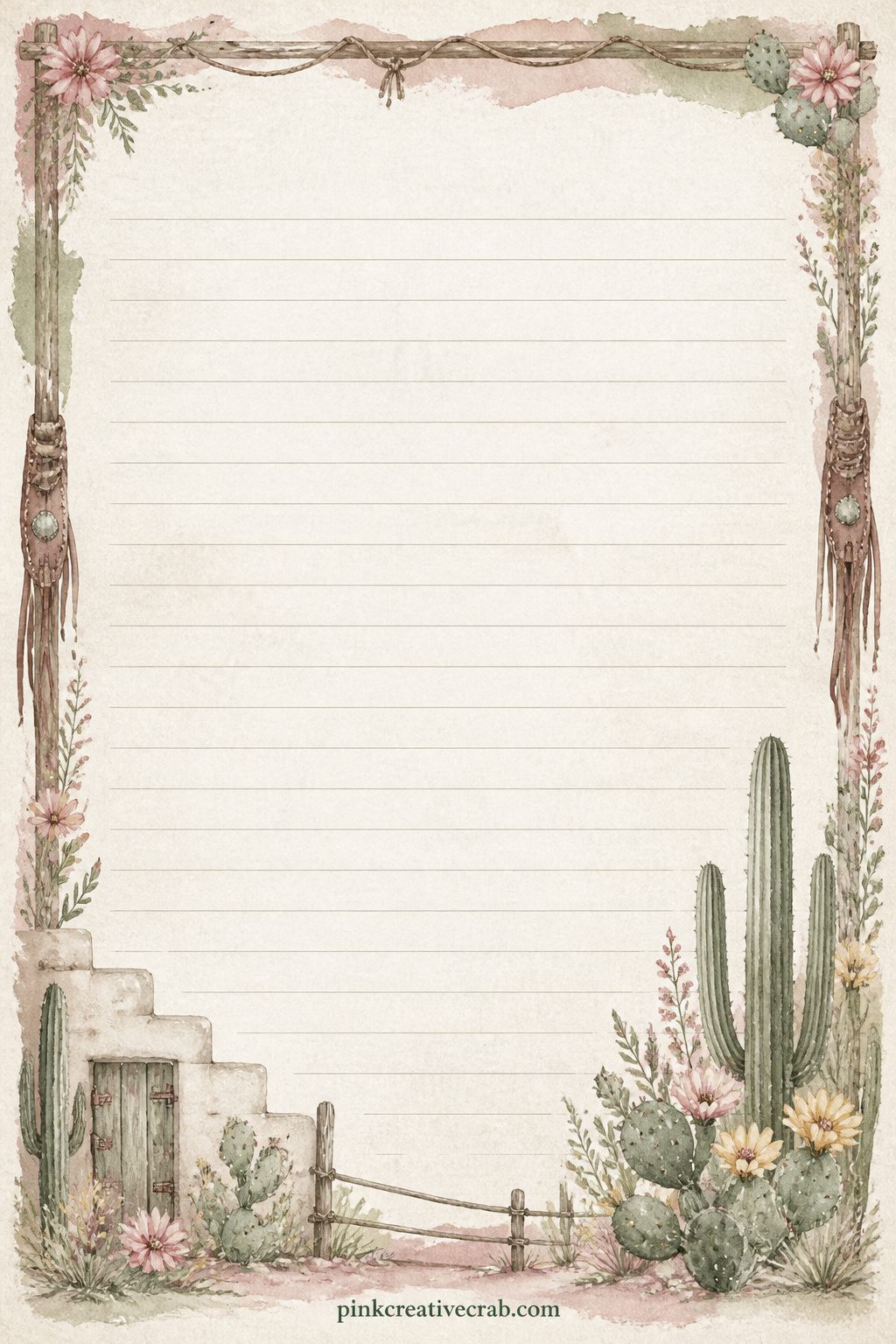 Trail Journal Lined Page printable page — A corner spray of cactus and wildflowers frames the faint ruled lines, good for a trail diary entry, a list of