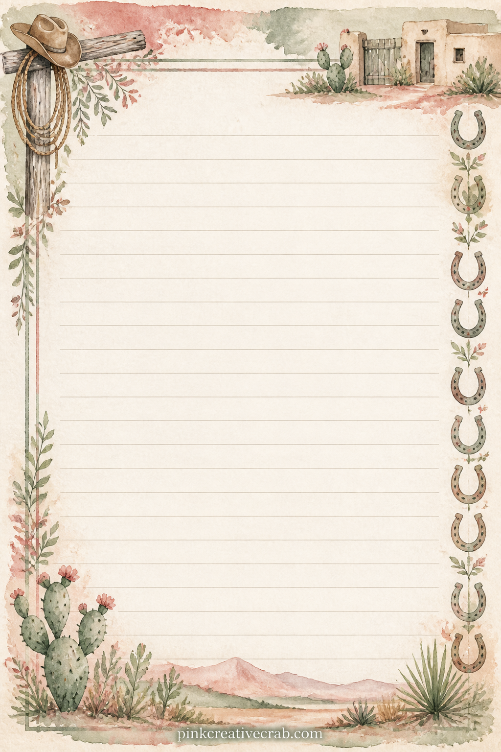 Ranch Ledger Lined Page printable page — A band of tiny horseshoes runs down one side of the page, leaving the ruled lines free for a ranch chore list, a feed