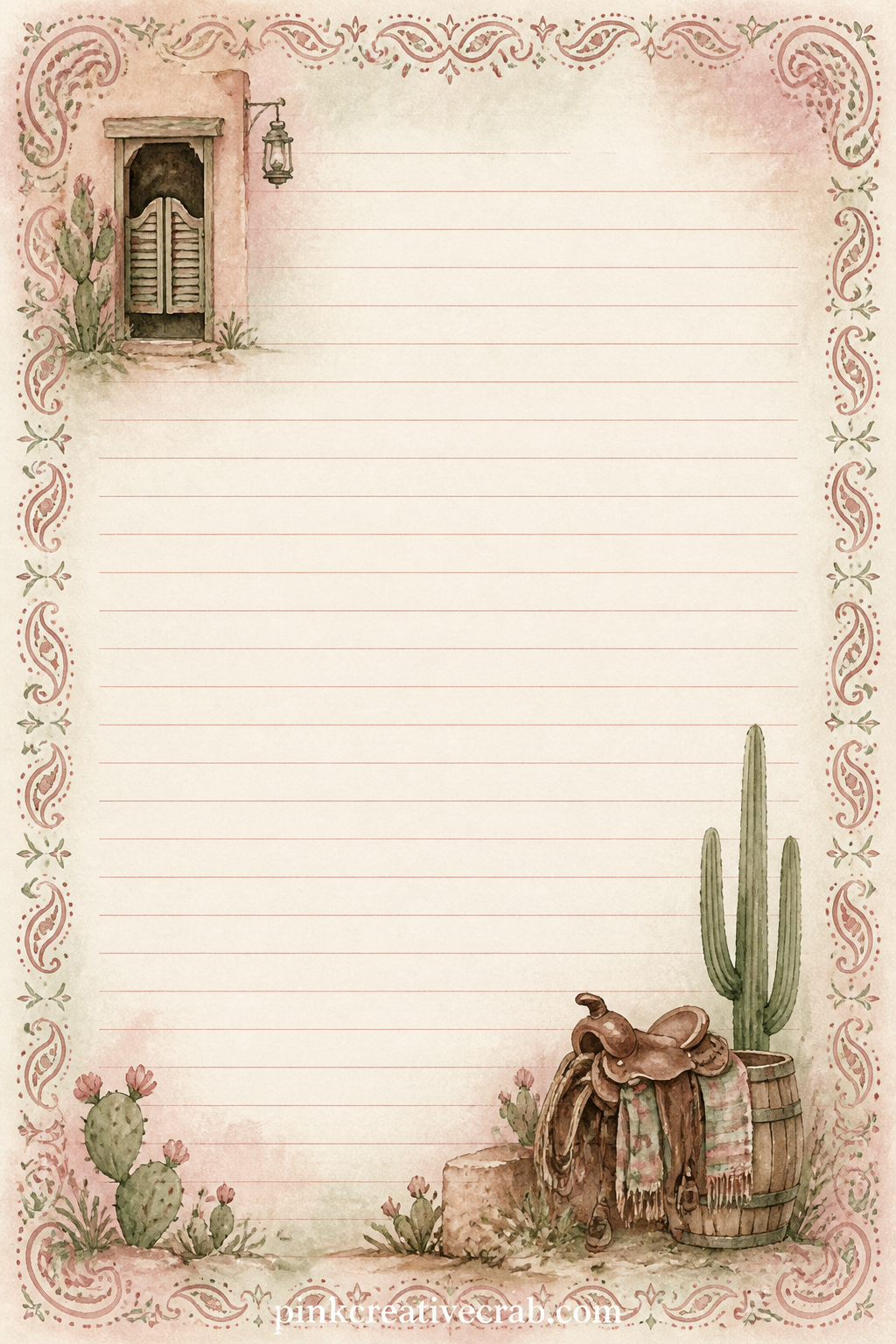 Saloon Menu Lined Page printable page — A frame of small bandana motifs borders the page, suited to a saloon style menu written out by hand, a guest list for a