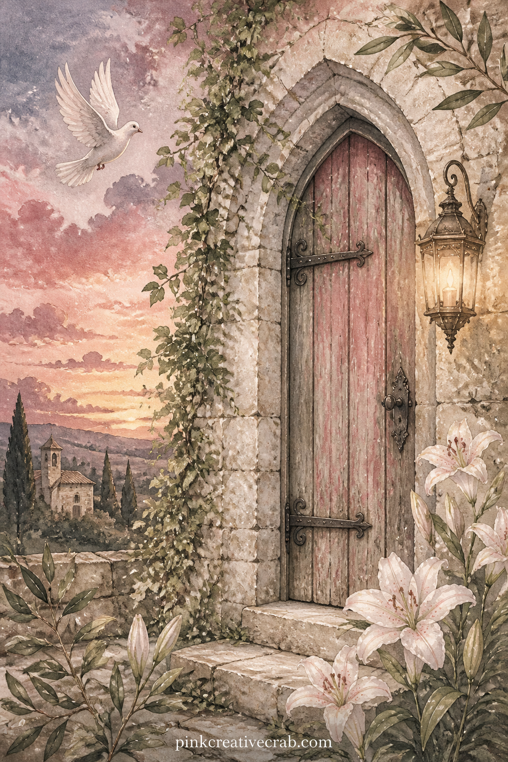 Stone Chapel Door at Dusk printable page — Pair this one with the lily pattern page later in the set: lay the chapel door scene on the left and the lily