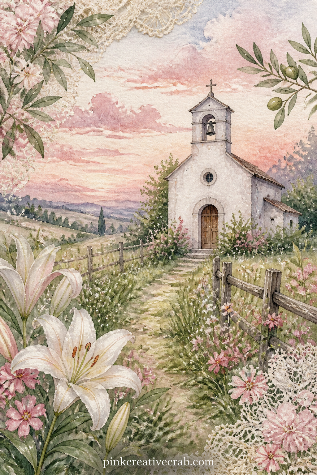 Small White Chapel in a Meadow printable page — A small white chapel sits at the end of a grass path, its single bell tower catching the last of the light