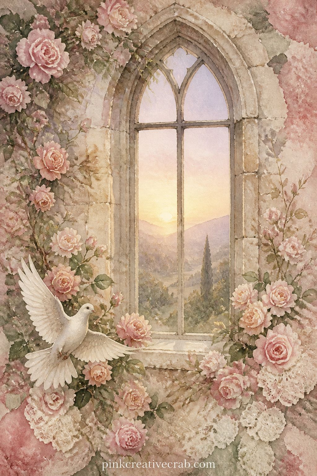 Country Church Window at Sunrise printable page — The usual mistake with a window scene like this is filling the glass with too much detail, which flattens the