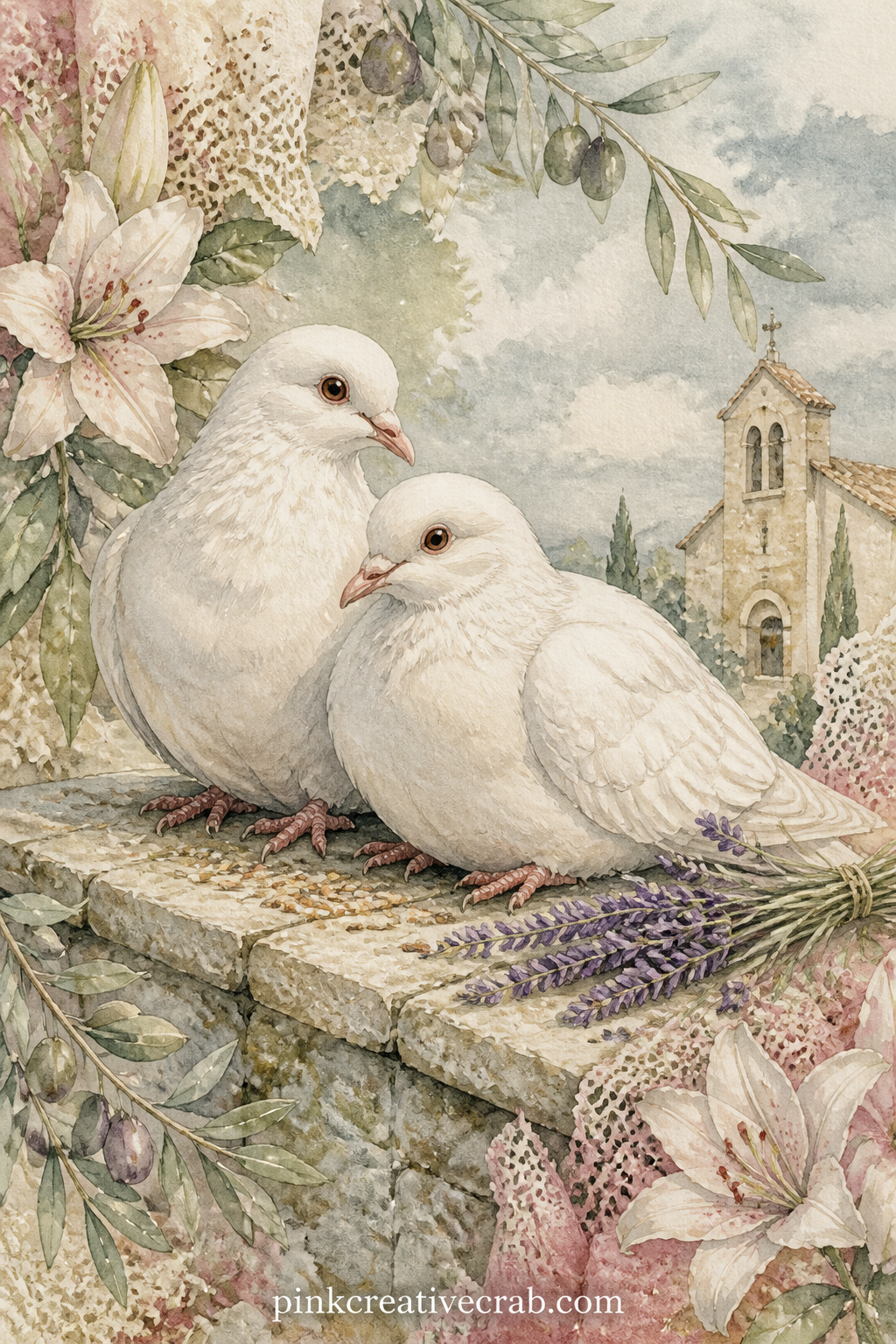 Two Doves on a Stone Ledge printable page — Two doves rest close together on a weathered stone ledge, a scattering of seed and a sprig of lavender tucked