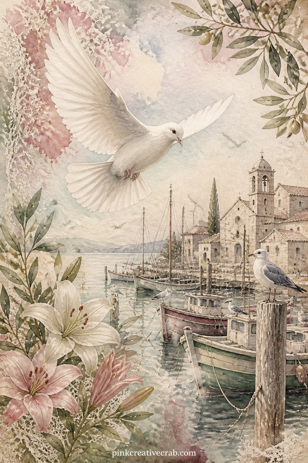 Dove Over a Quiet Harbor printable page — Tear the top edge of this page slightly before gluing it in, so the dove seems to rise straight out of the torn paper