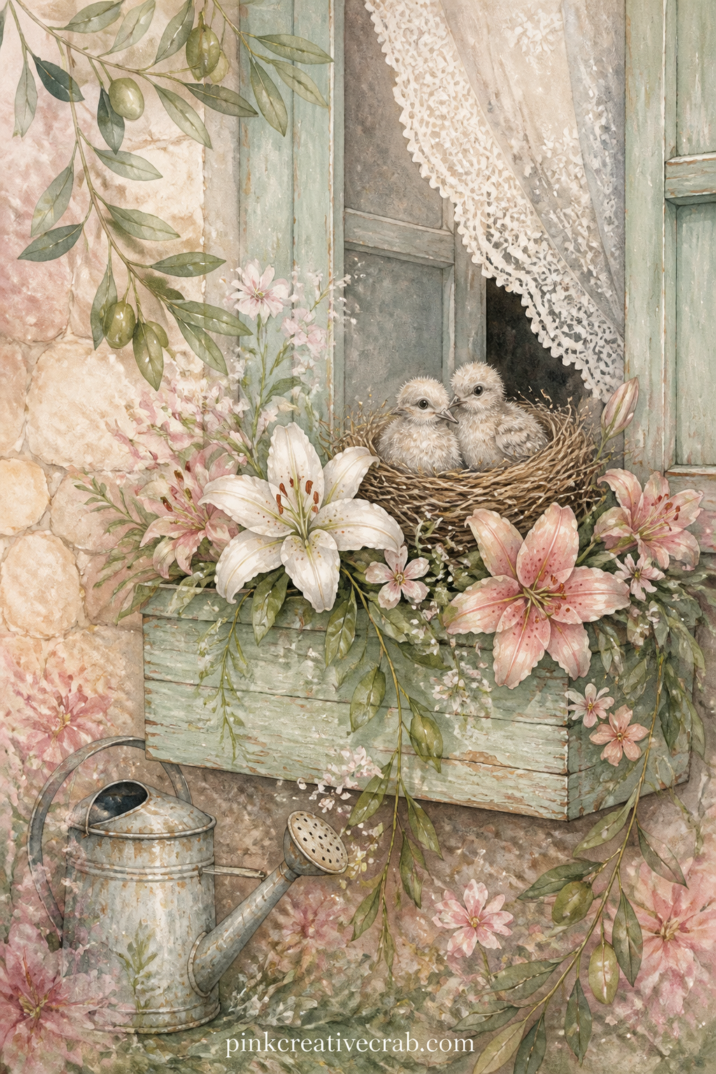 Nest of Doves in a Window Box printable page — flowered window box holding a nest, two dove chicks, a watering can, and a strip of lace curtain visible at the