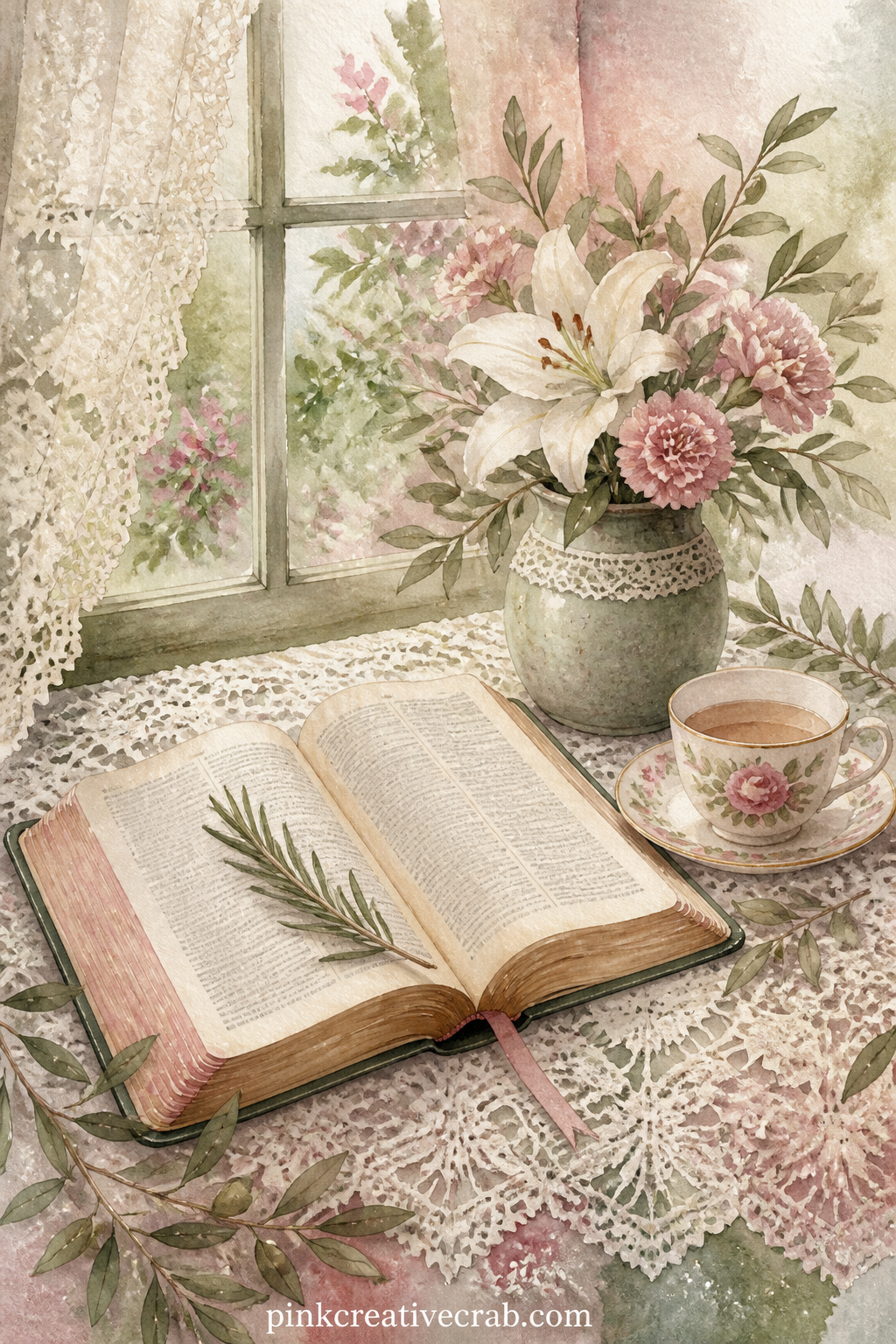 Open Bible on a Lace Tablecloth by a Window printable page — Glue a small pressed flower or a real ribbon bookmark onto this page once it is dry, right along