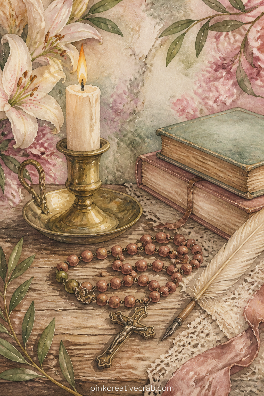 Candle and Rosary on a Wooden Desk printable page — For the five minute version, paint only the candle and rosary coiled beside it, skip the extra books, and