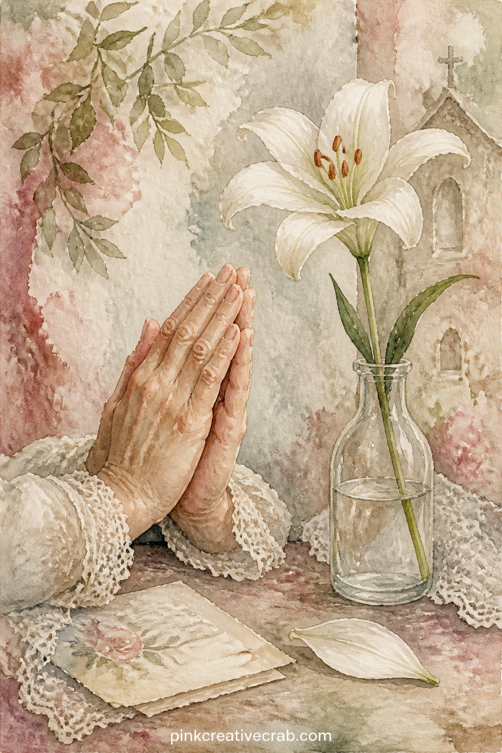 Prayer Hands and a Single Lily printable page — Folded hands rest beside a single white lily in a slender glass vase, with a handwritten note and a loose petal
