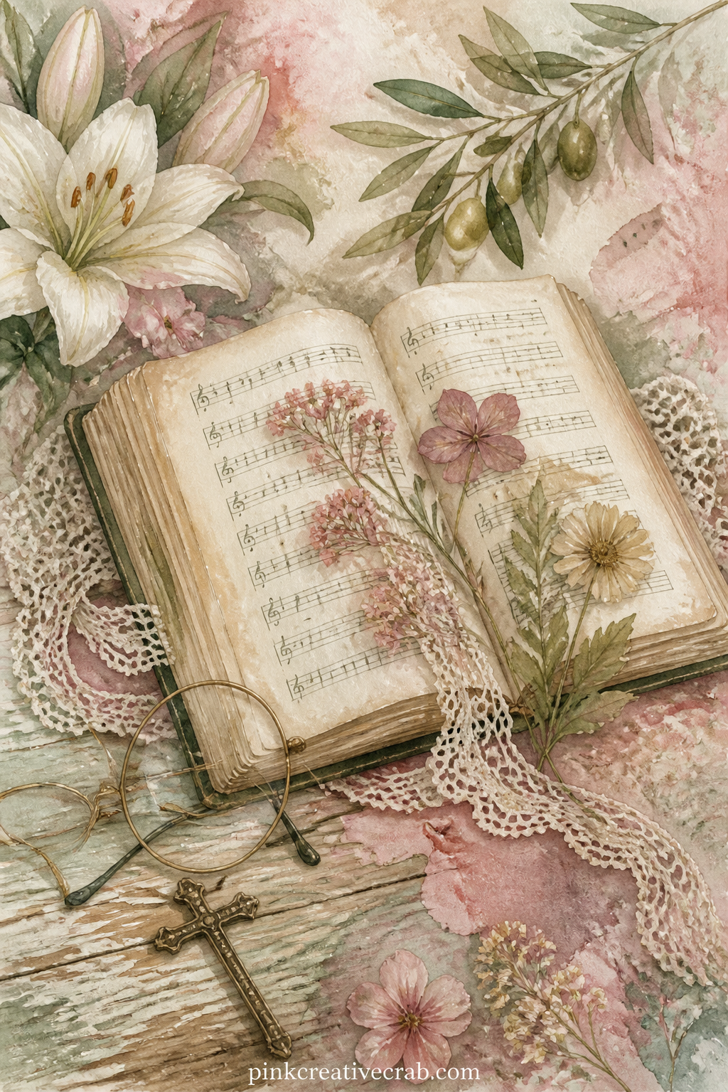 Old Hymnal and Pressed Flowers printable page — This page suits a grandmother or an older relative in a gift journal, since an old hymnal with pressed flowers
