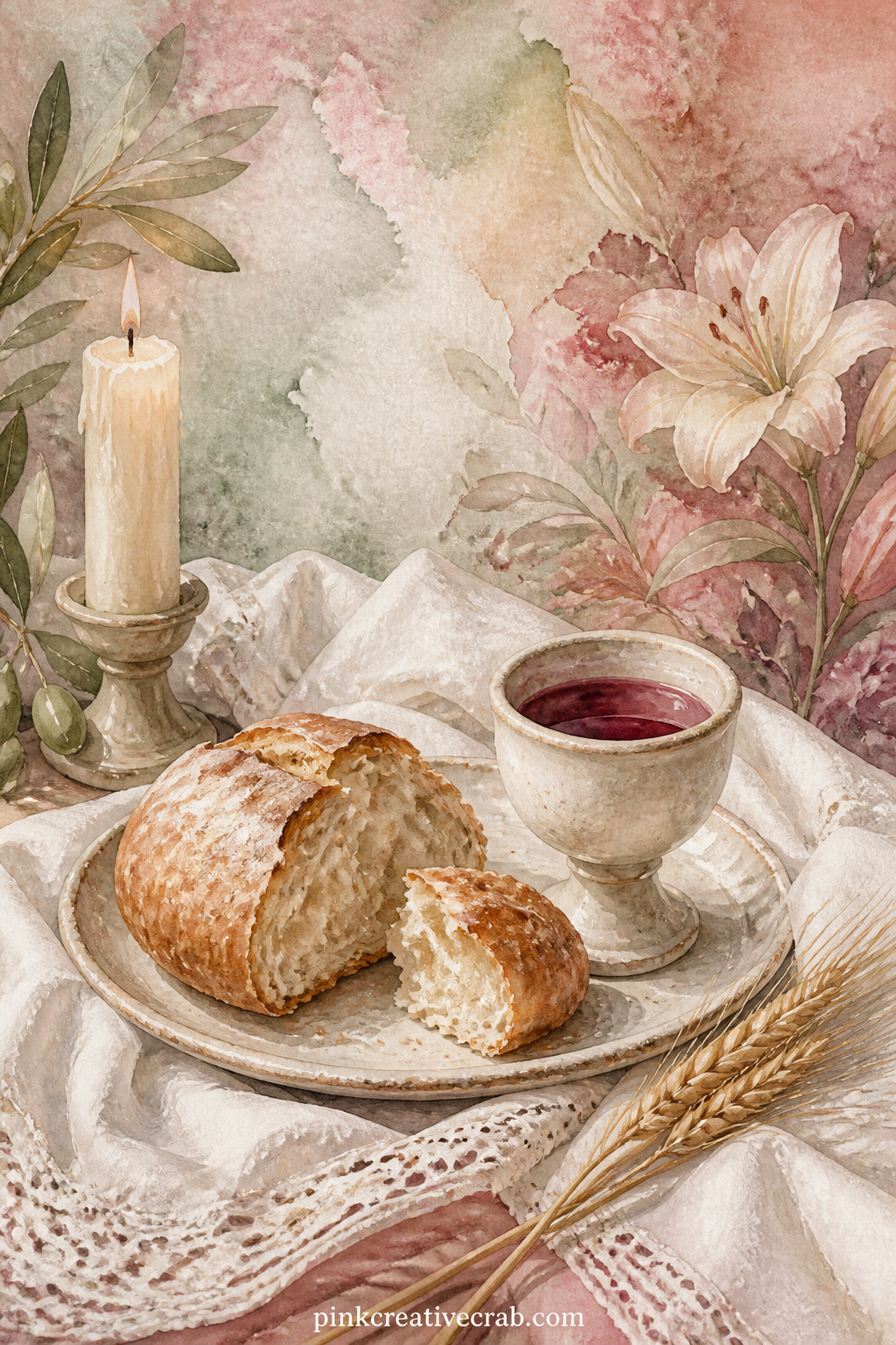 Communion Bread and Wine on Linen printable page — Keep this spread simple: place the communion scene on its own page rather than facing a busy background, so