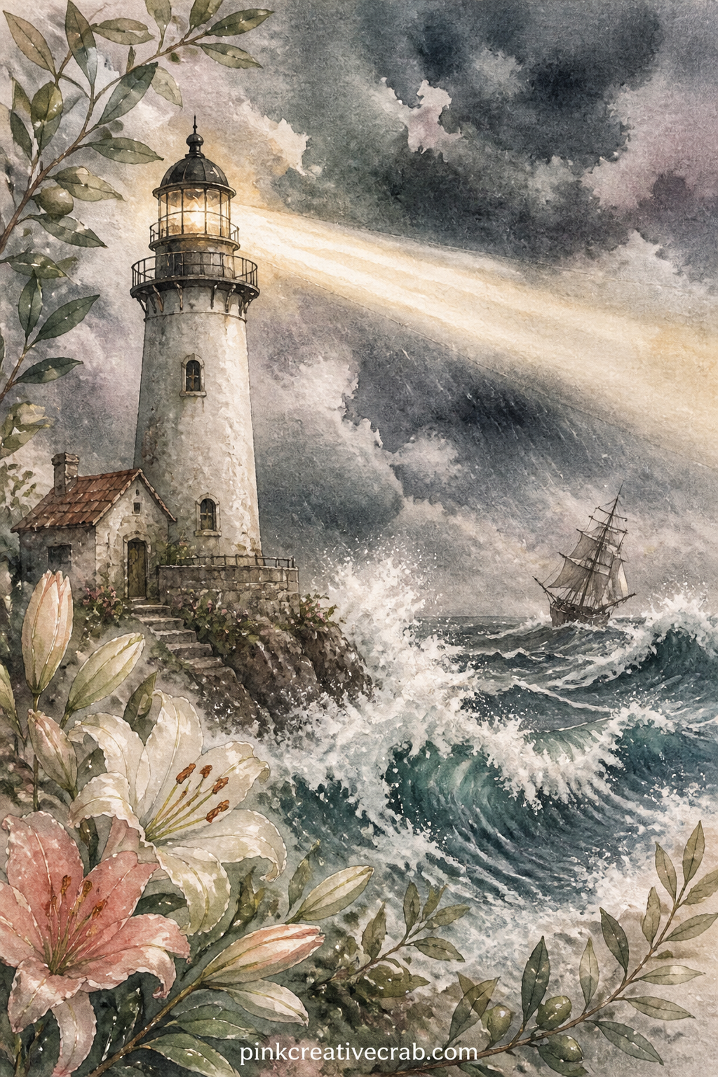 Lighthouse Shining Over a Stormy Sea printable page — Write the words of a favorite psalm about storms along the base of this page, since the lighthouse beam