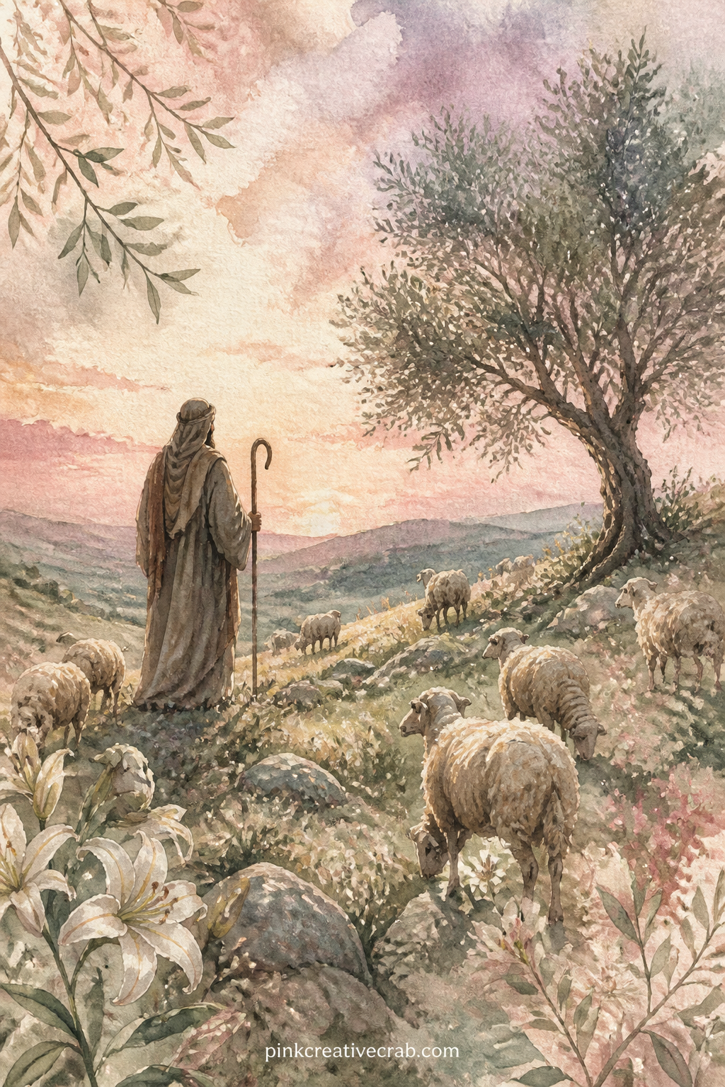 Shepherd and Sheep at Twilight printable page — The usual mistake with a shepherd scene is making the figure too detailed and stiff. Prayer junk journal