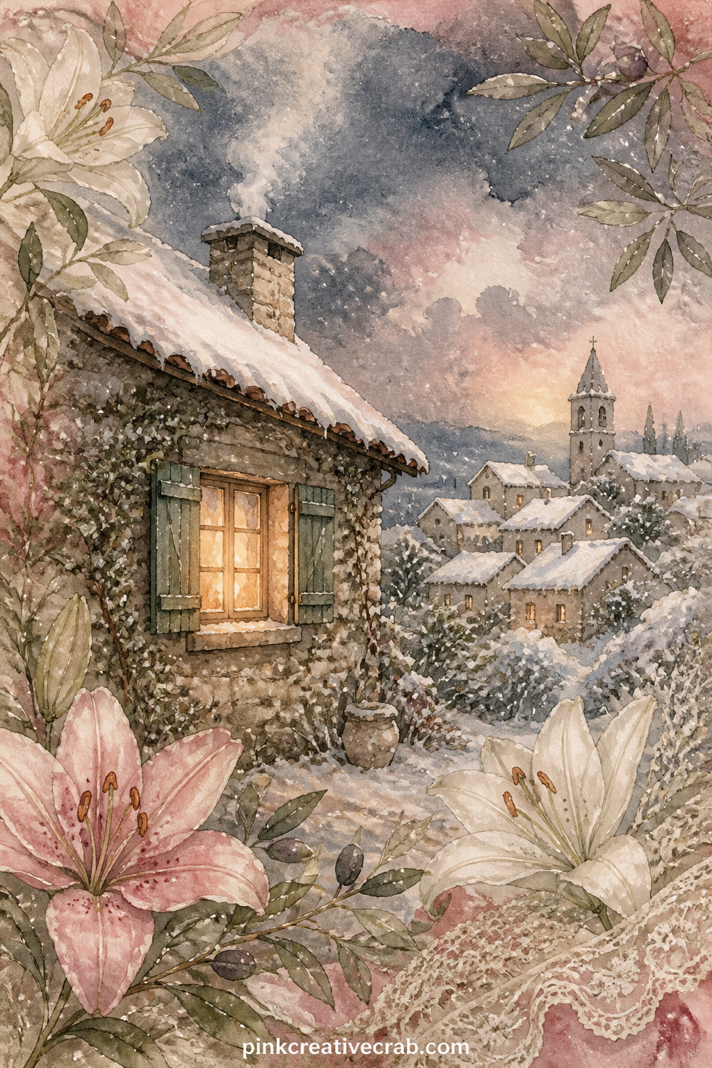 Lamp Lit Window in a Snowy Village printable page — A single lamp glows in the window of a small stone cottage at the edge of a snowy village, smoke rising