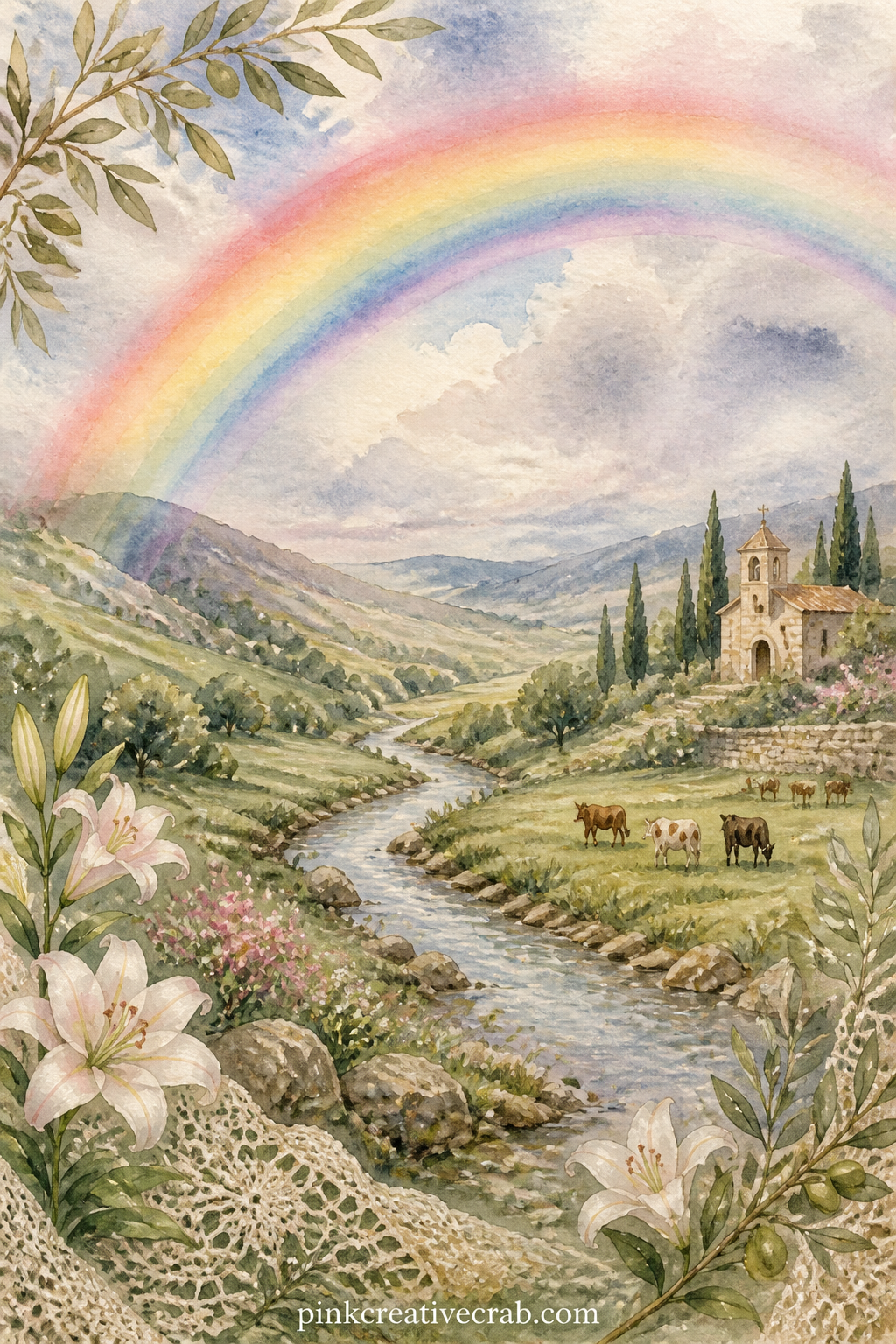 Rainbow Over a Quiet Valley printable page — Place this page across from the wheat field scene so the spread moves from a sign of promise on one side to a