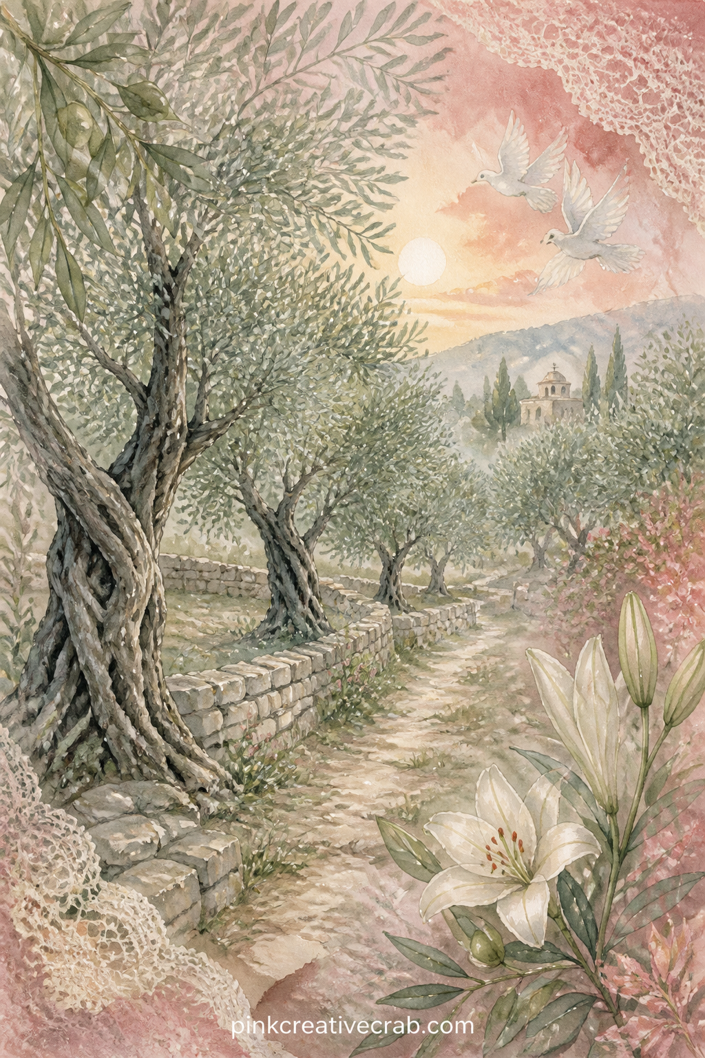 Garden of Olive Trees at Dawn printable page — Rows of old olive trees stand twisted and silver grey in the early light, a low stone wall and a worn path