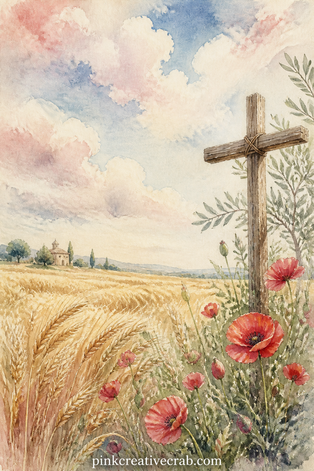 Harvest Wheat Field Under a Wide Sky printable page — Golden wheat bends under a wide sky, a few scattered poppies at the field's edge and a single wooden