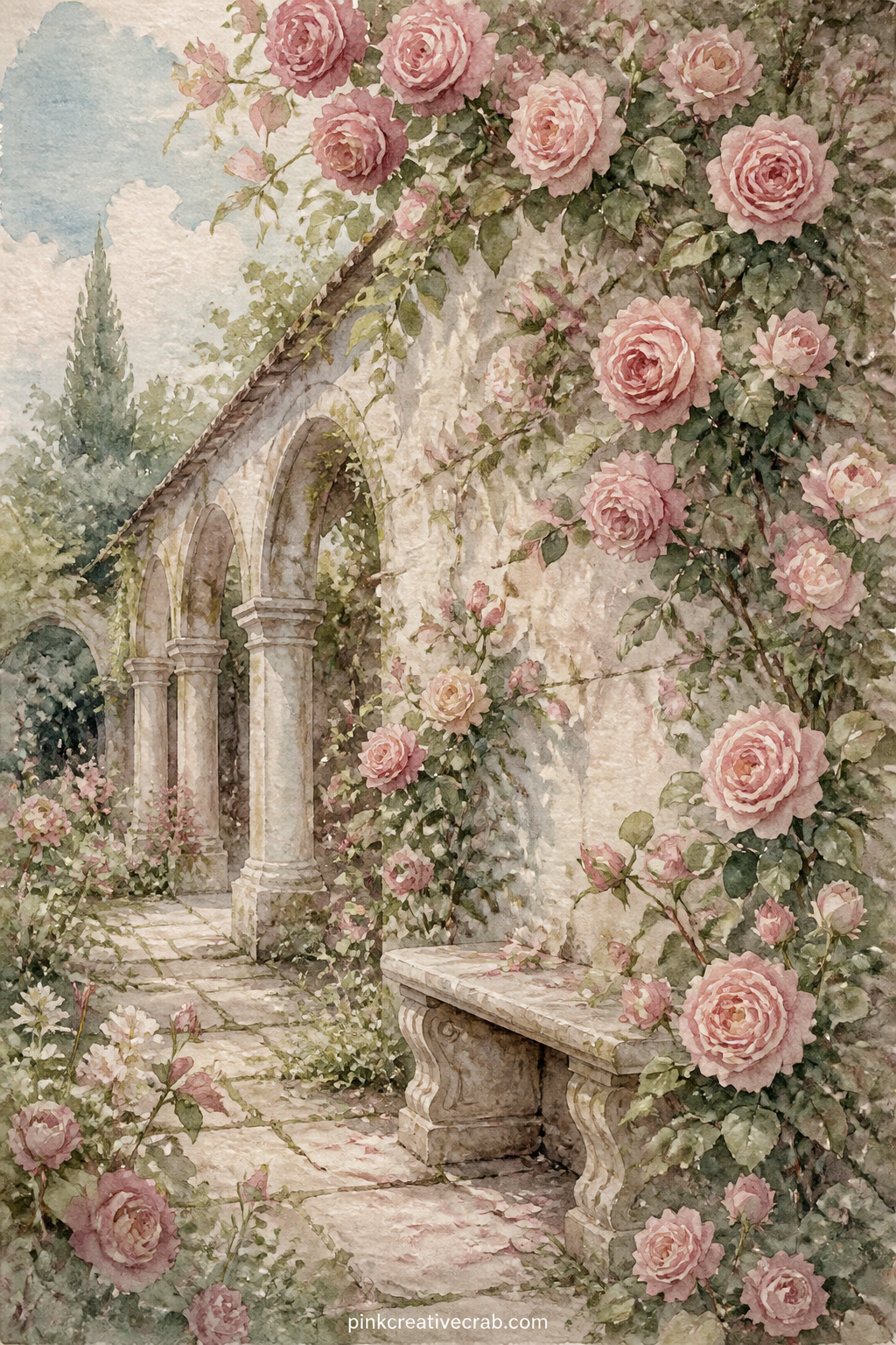 Rose Garden Beside a Cloister Wall printable page — Tea stain just the lower edge of this page before gluing it in, letting the brown wash fade upward toward