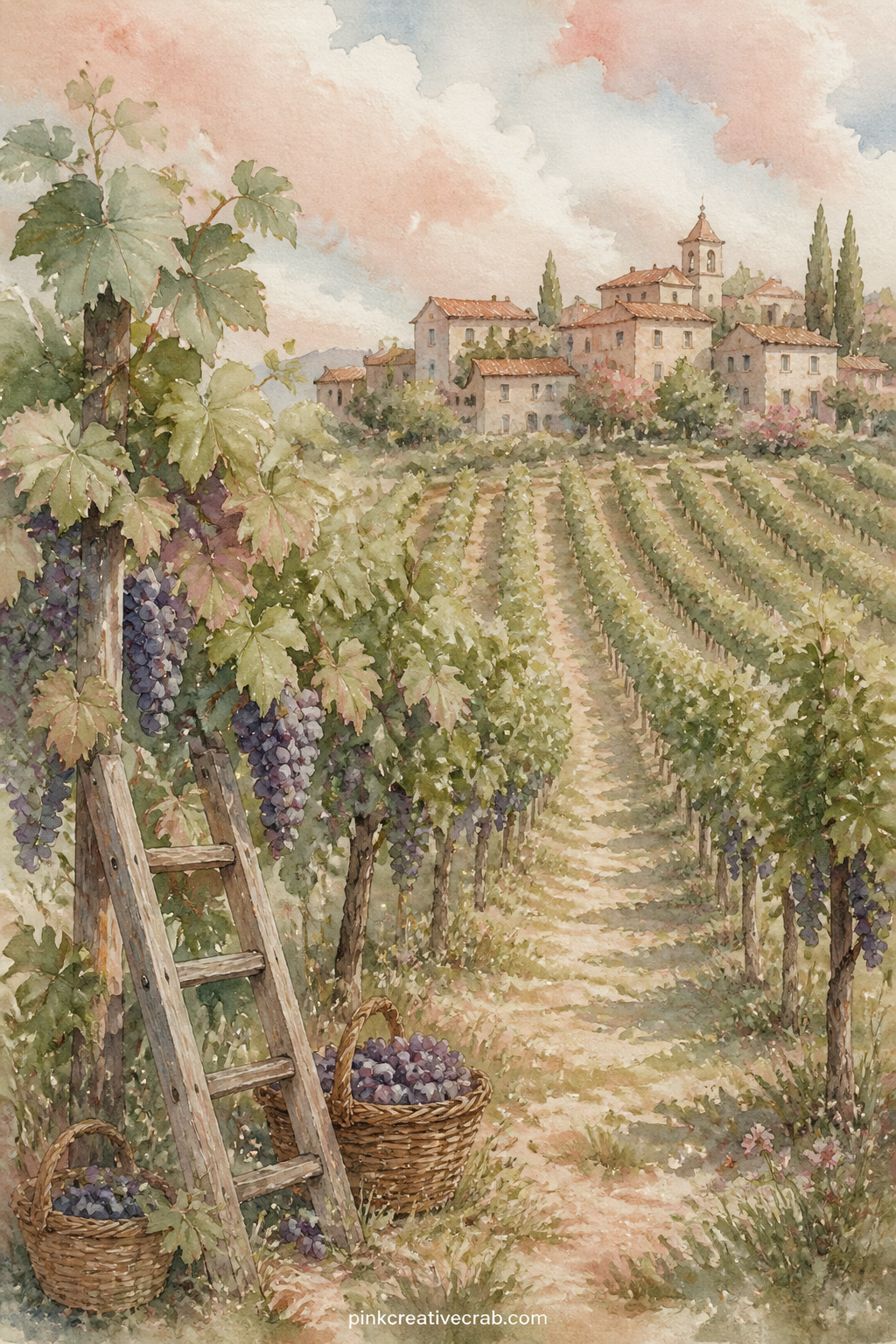 Vineyard at the Edge of the Village printable page — Neat rows of grapevines climb a gentle slope toward a cluster of red roofed houses, a wooden ladder