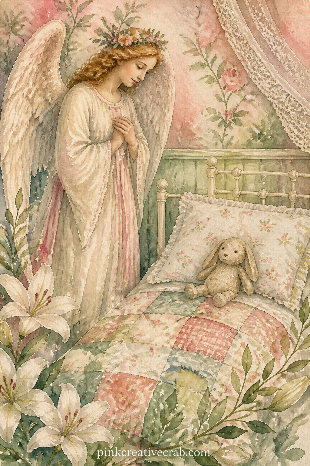 Angel Figure Watching Over a Child's Bed printable page — This page is suited to a parent or grandparent keeping a prayer journal for a child, a quiet picture