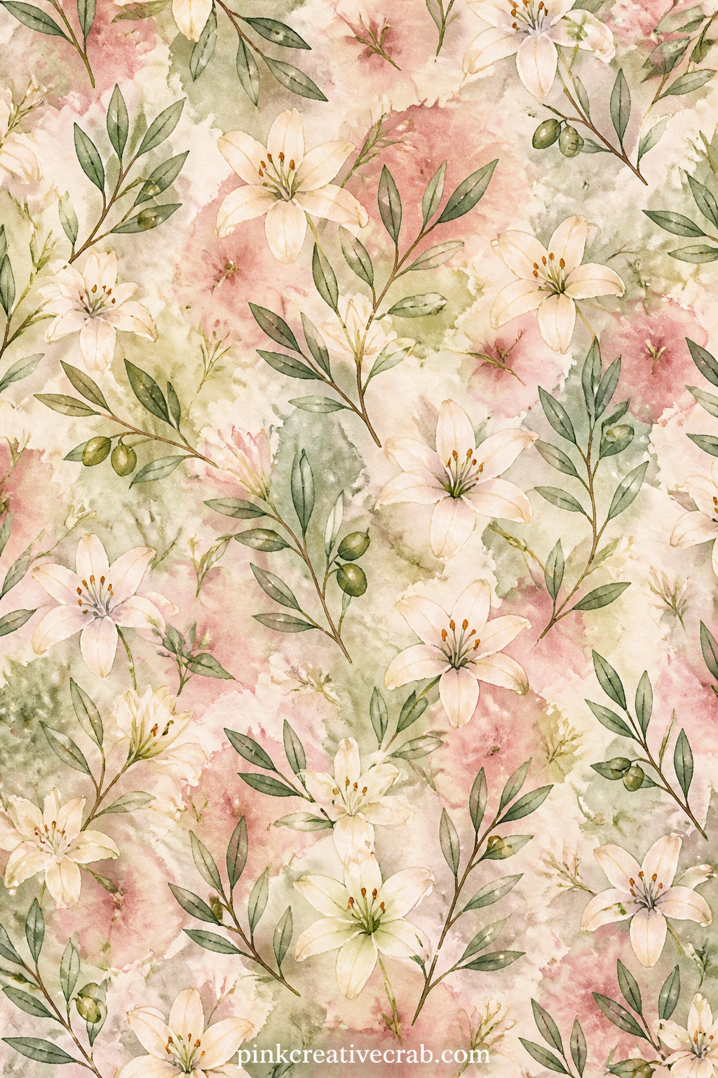Lily and Olive Leaf Pattern Background Paper printable page — Small white lilies and slender olive leaves scatter across the page in a loose repeating pattern