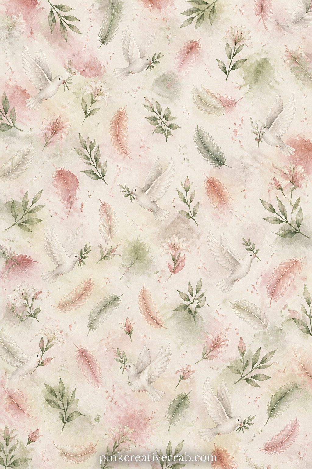 Dove and Feather Pattern Background Paper printable page — Tiny doves and loose feathers repeat in scattered rows across the page, light enough to sit behind a