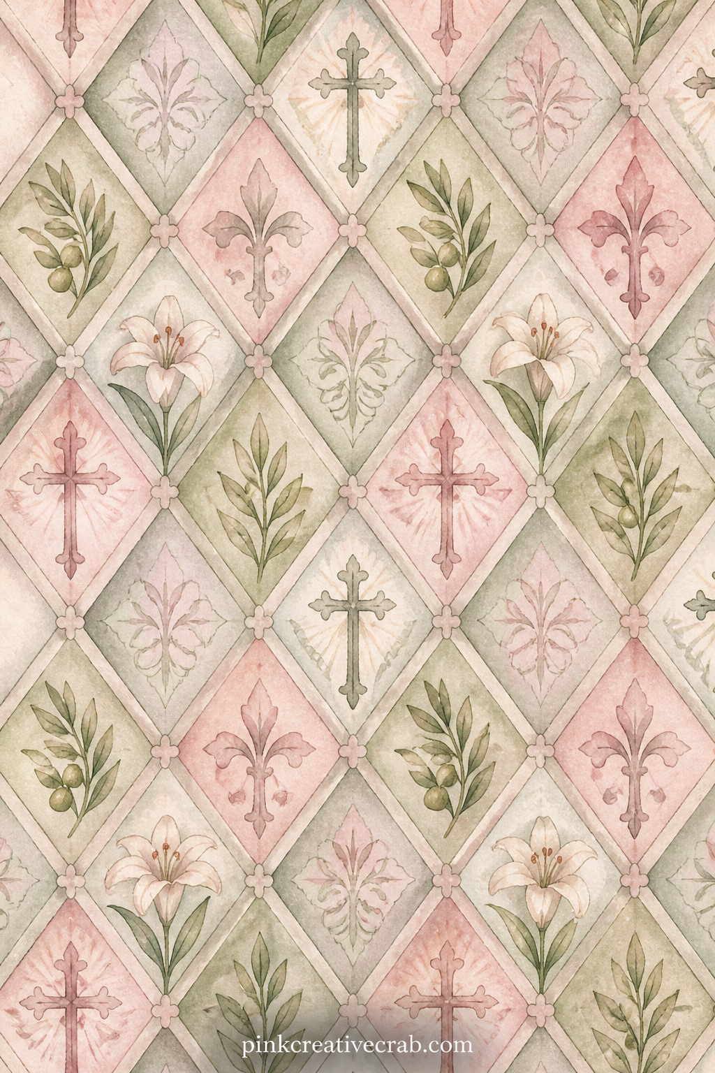 Stained Glass Diamond Pattern Background Paper printable page — Soft diamond shapes echo a stained glass window, each one filled with a faint cross or leaf
