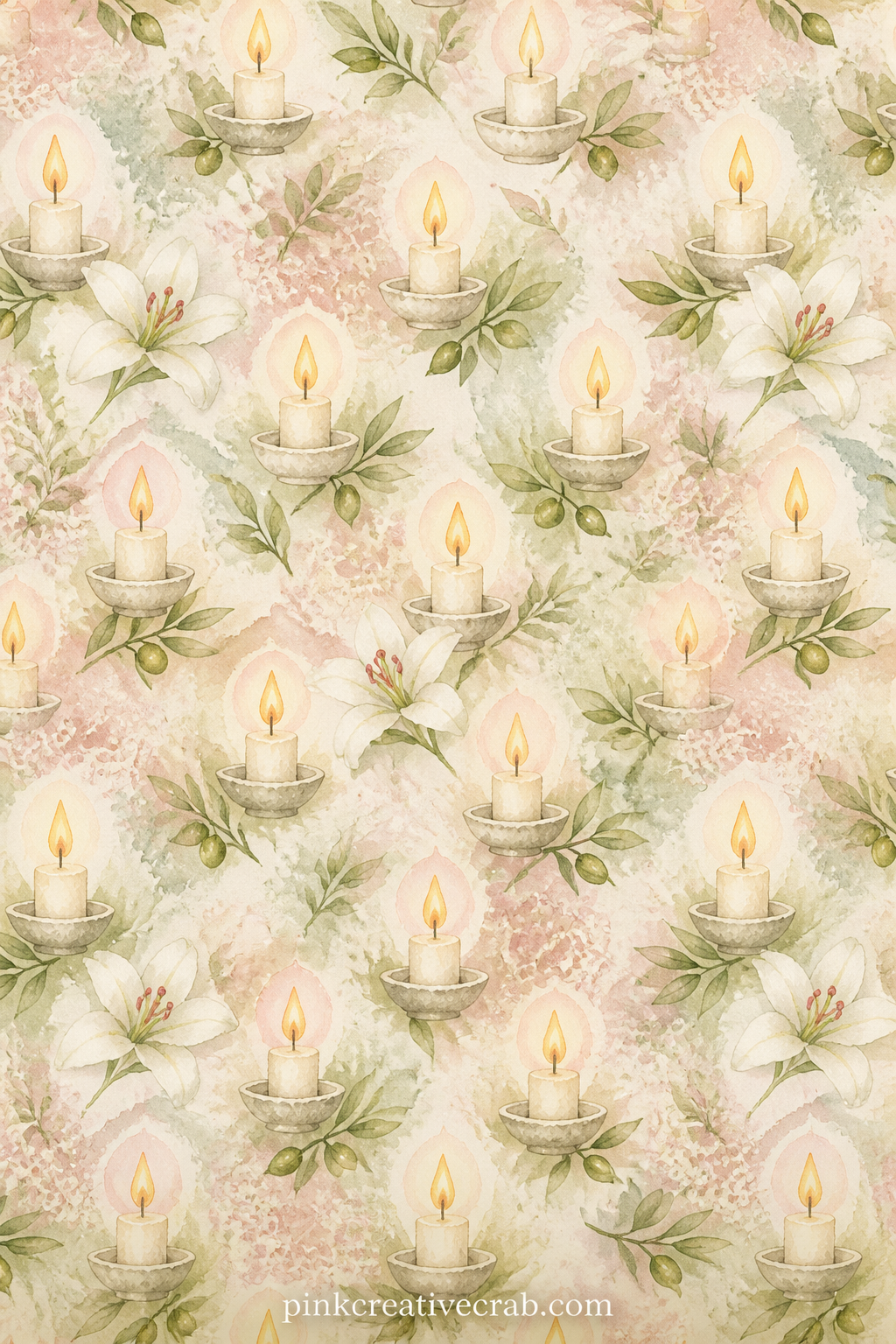 Candle Flame Pattern Background Paper printable page — Small candle flames repeat in soft rows across cream paper, their glow painted in the same muted gold as