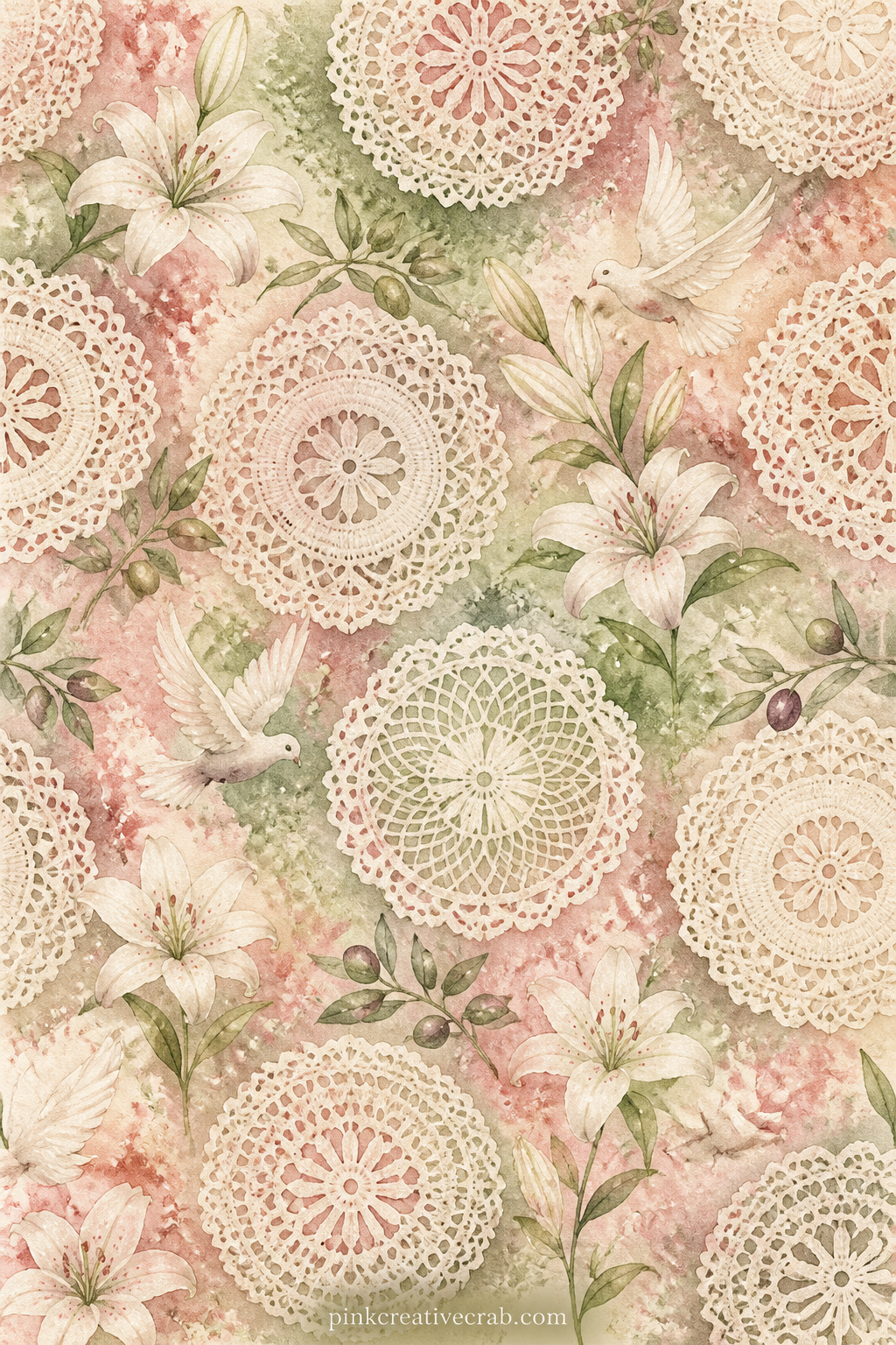 Lace Doily Pattern Background Paper printable page — A lace doily motif repeats across the page in a fine, open pattern, echoing the tablecloth beneath the