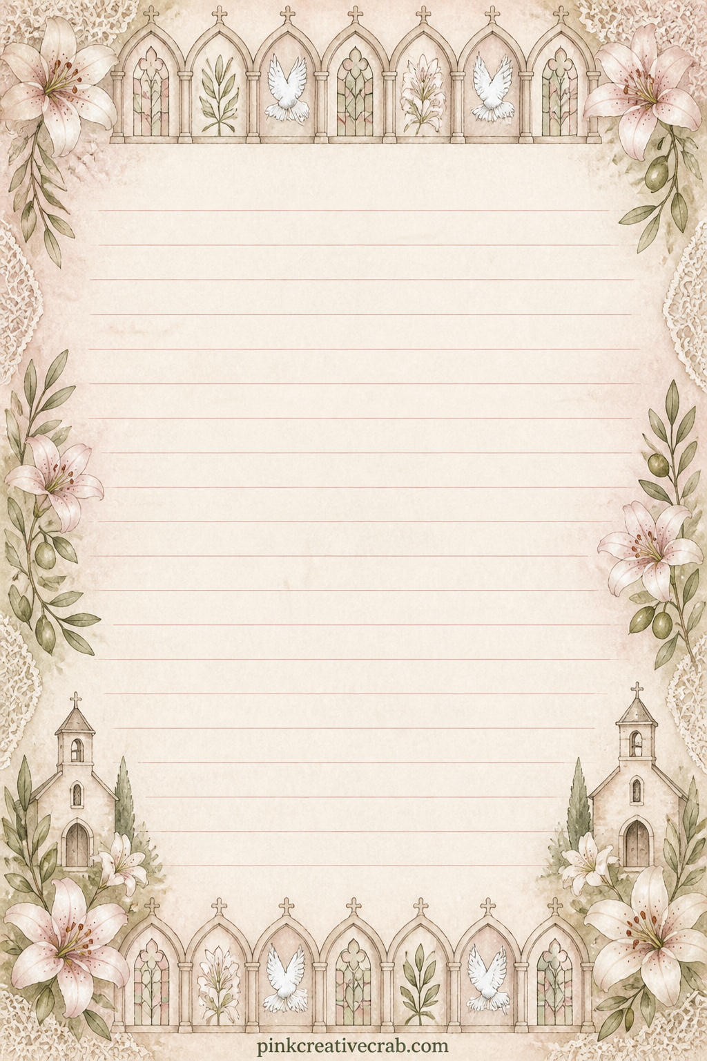 Chapel Window Border Lined Page printable page — A narrow border of arched chapel windows runs along the top and bottom of this page, framing faint ruled lines