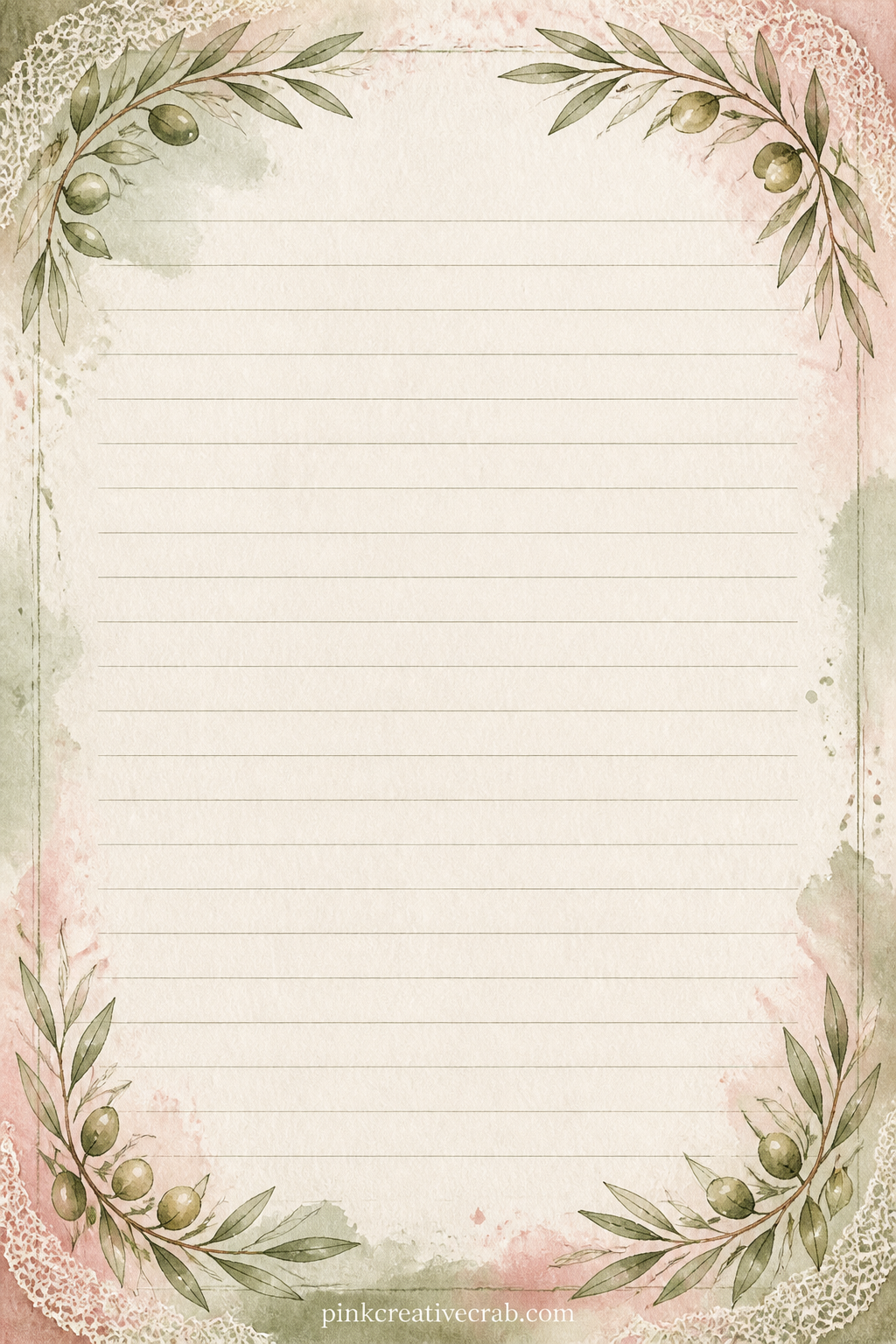 Olive Branch Corner Lined Page printable page — Olive branches curl softly in each corner of the page, leaving the center open with faint ruled lines for