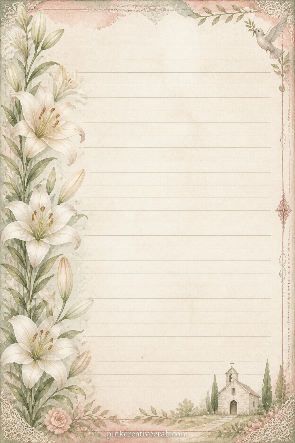 Lily Band Lined Page printable page — A single band of white lilies runs down the left edge of the page, with faint ruled lines filling the rest of the sheet.