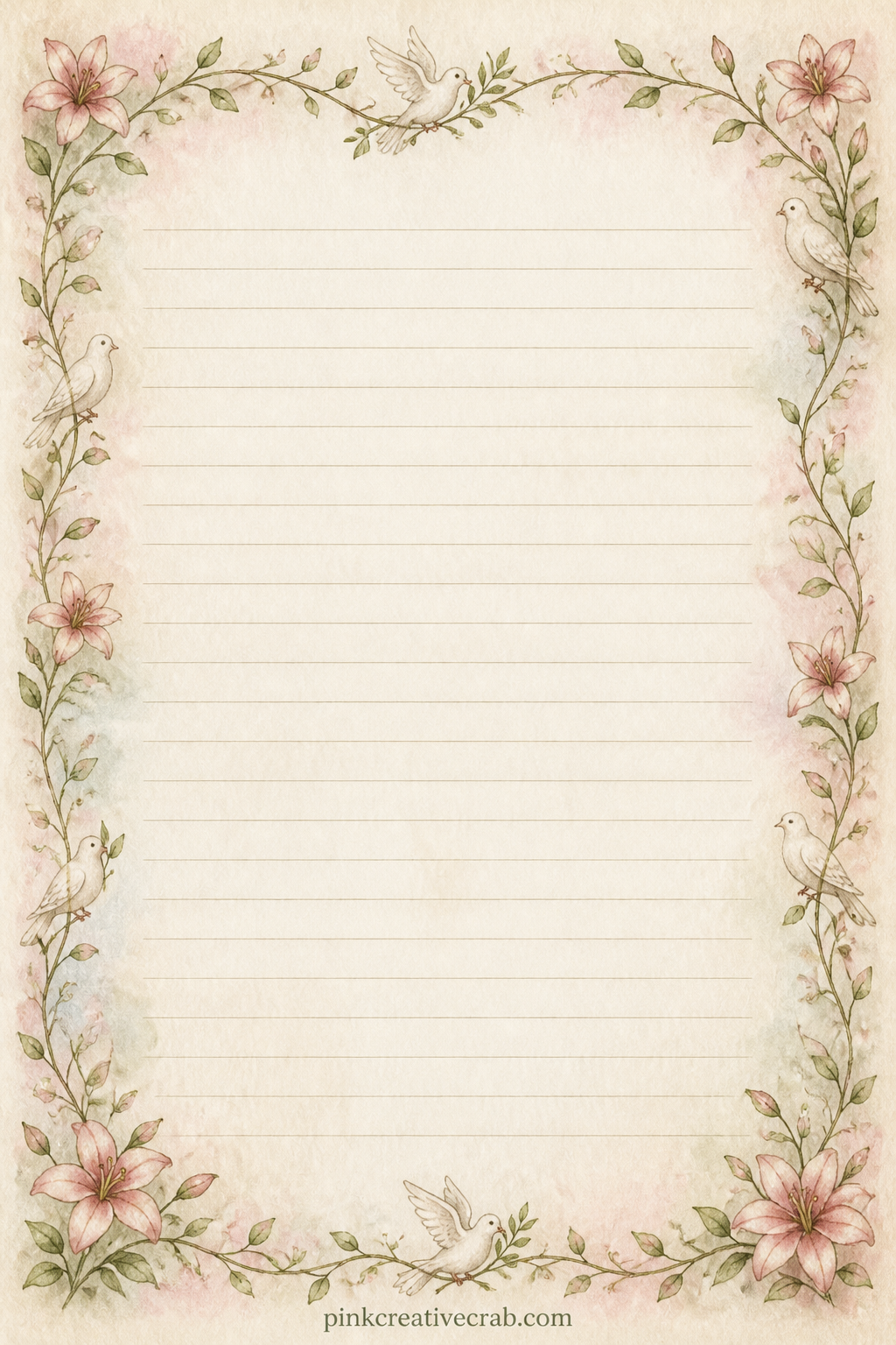 Dove and Vine Frame Lined Page printable page — A thin vine dotted with small doves frames all four sides of the page, leaving faint ruled lines open in the