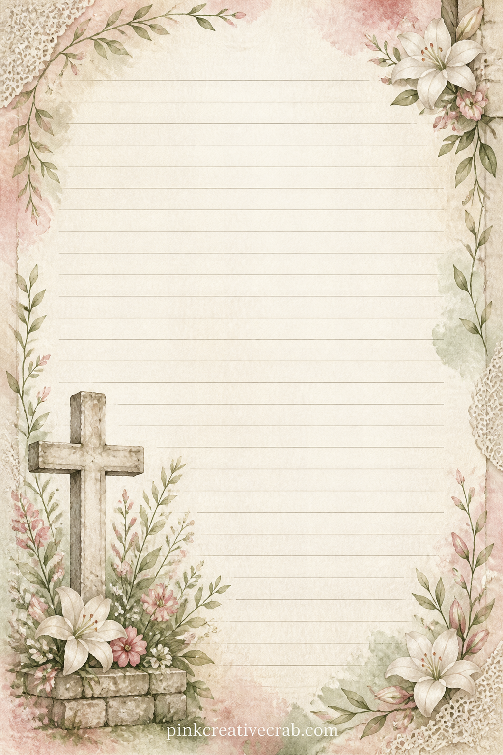 Stone Cross Corner Spray Lined Page printable page — A small stone cross with a spray of wildflowers sits in one corner, the rest of the page left open with